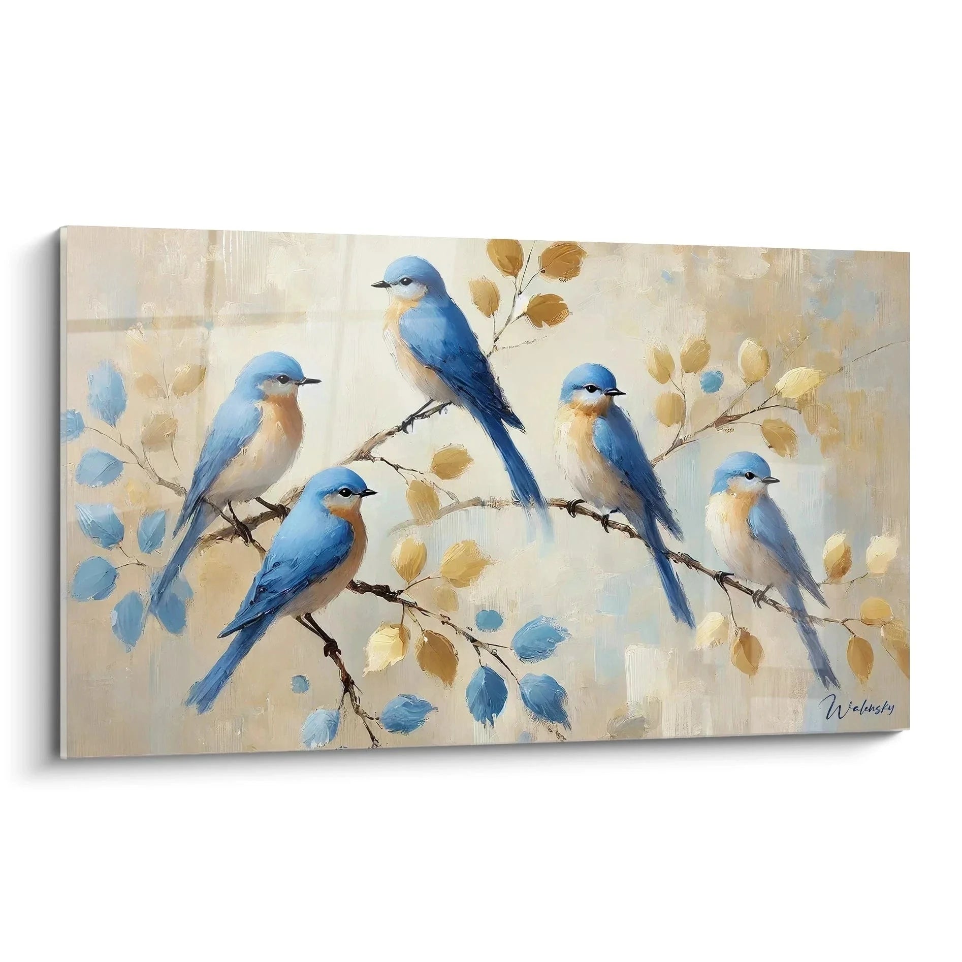 Wandbild mit fünf blauen Blaukehlchen auf Zweigen mit goldenen Blättern, Edition Vogel Wanddekoration