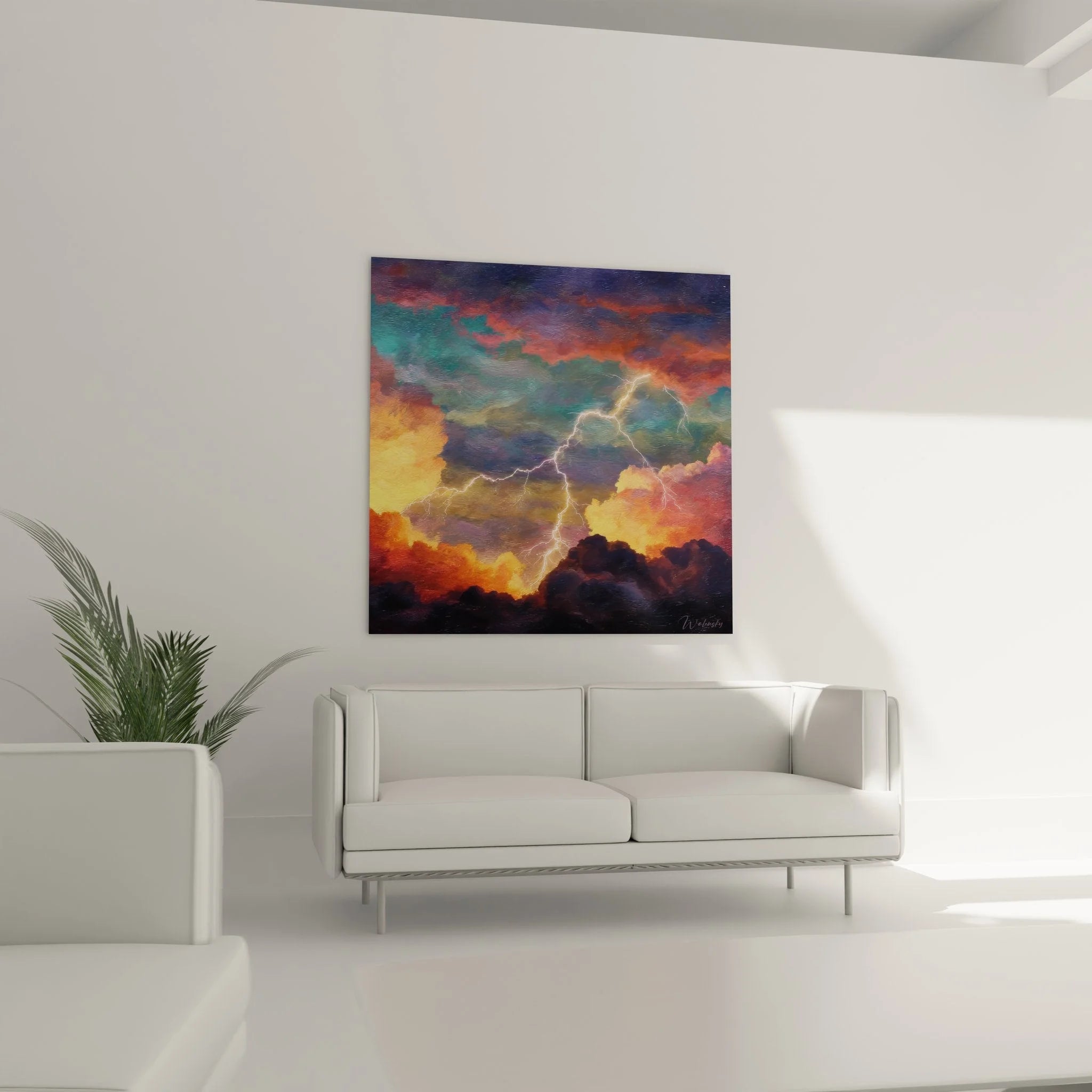 Detailansicht Wandbild Blitze mit kunstvollen Verzweigungen und leuchtenden Gewitterwolken