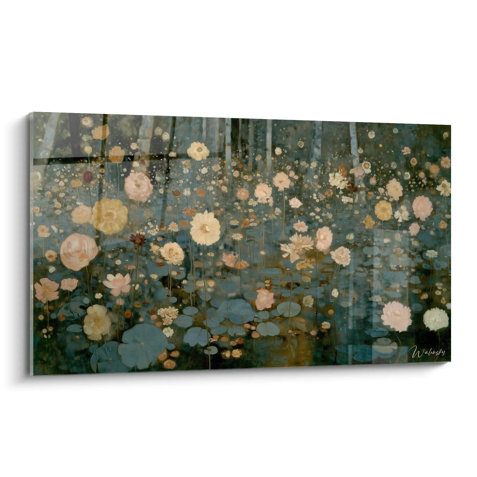 Wandbild Blumengarten symbolistisch mit schwebenden Blüten in blaugrünen Tönen - Edition Symbolismus