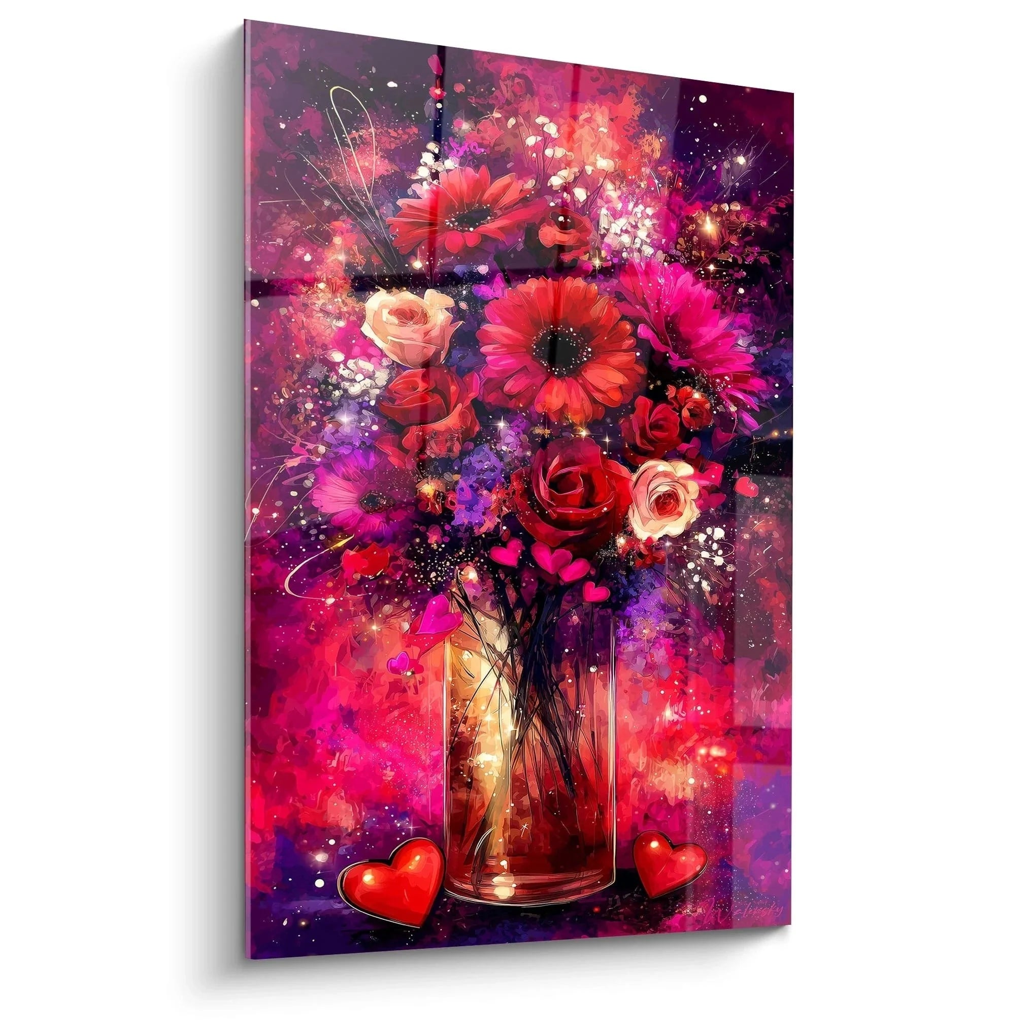 Wandbild Blumenstrauß Valentinstag mit Rosen und Gerbera in kosmischer Atmosphäre, magenta-violett