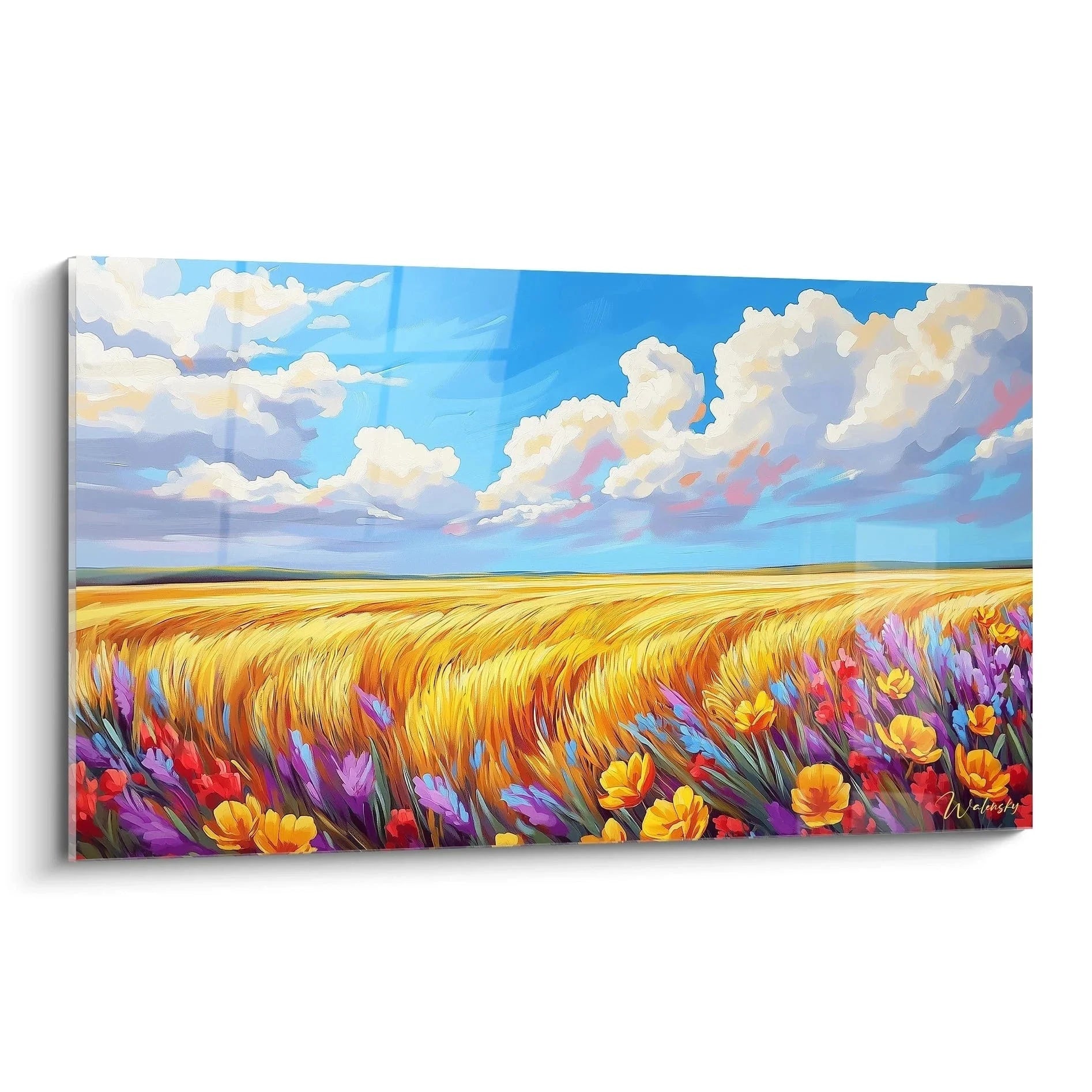 Wandbild Blumenwiese mit goldenem Kornfeld und bunten Wildblumen unter dramatischem Wolkenhimmel