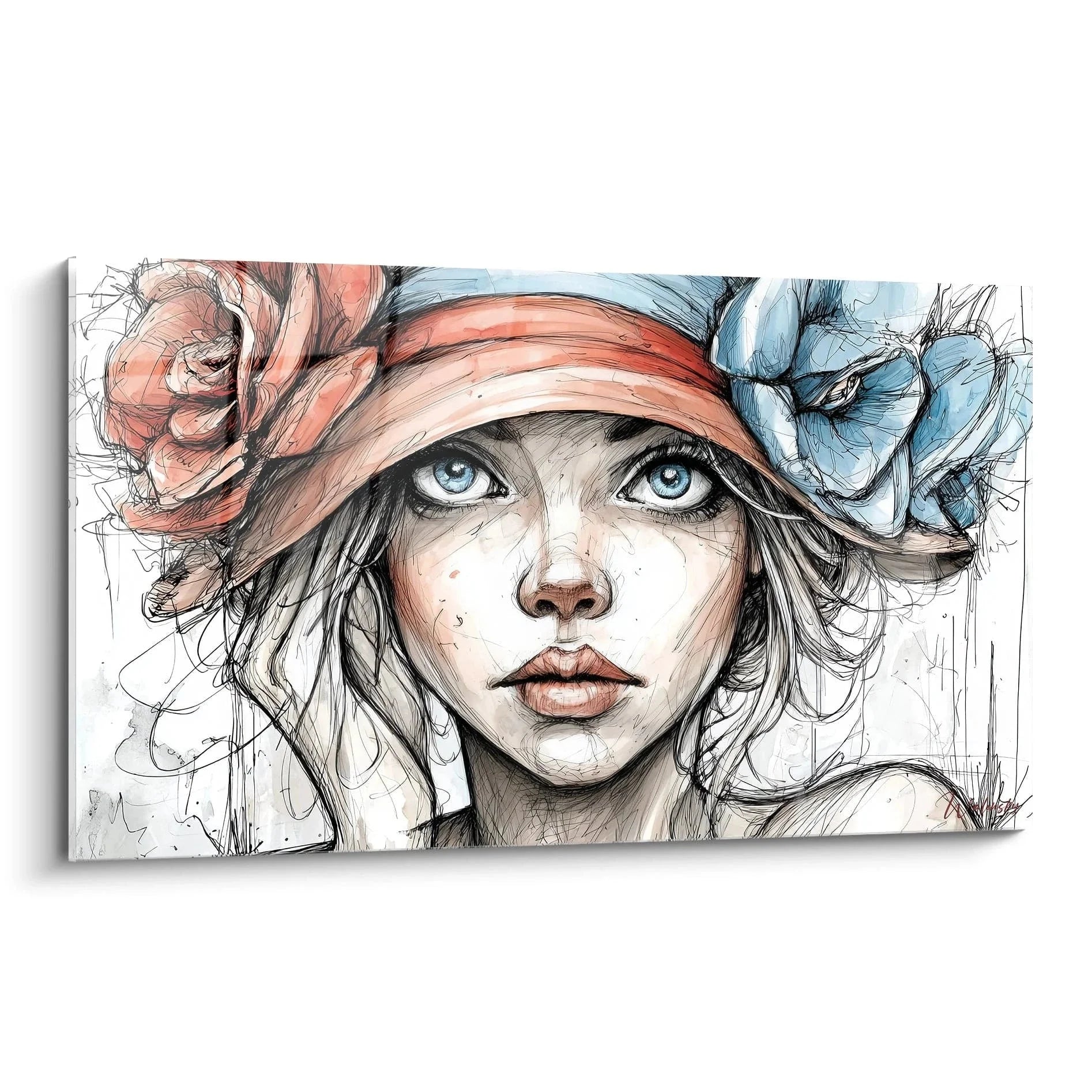 Wandbild Boho Frau mit Blumenkrone Modeillustration Aquarell rosa blau Portraitkunst