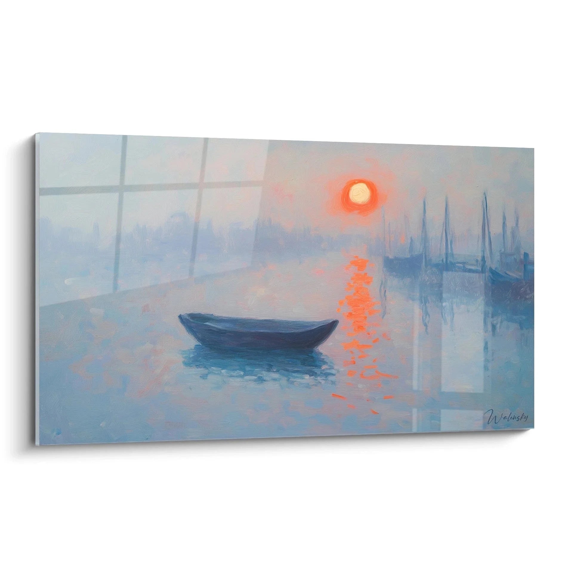 Wandbild Boot im Nebel Claude Monet - Impressionistische Hafenszene mit Sonnenaufgang auf Leinwand