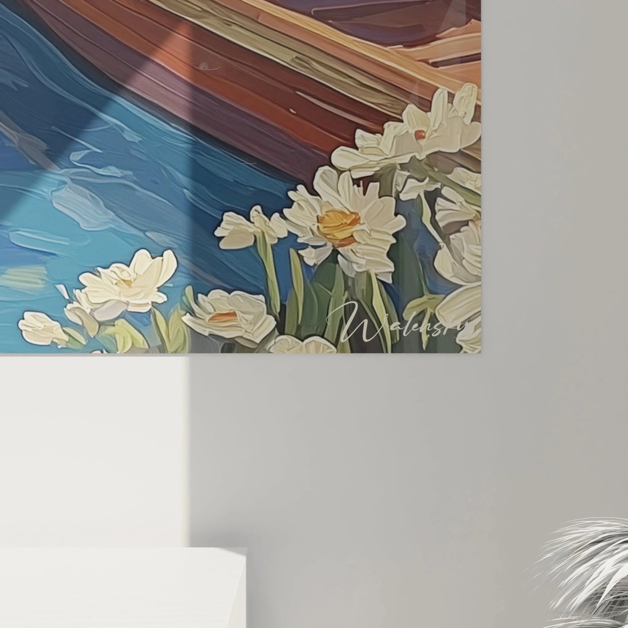 Wandbild Frau im Boot Gesamtansicht - Komplette Sommer Leinwand mit See und Bergen XXL