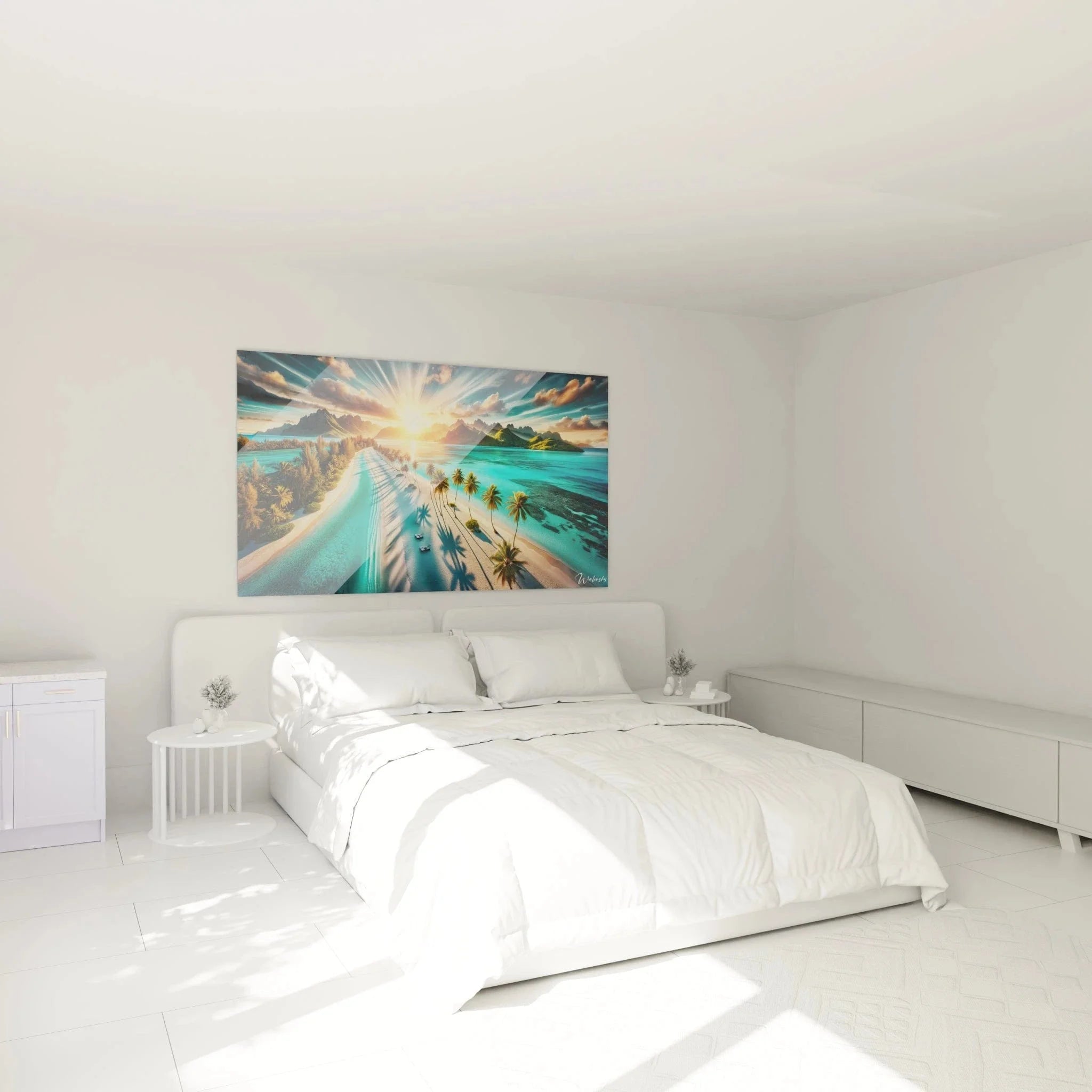 Wandbild Bora Bora Sonnenuntergang in modernem Schlafzimmer als Wanddekoration Meer Premium