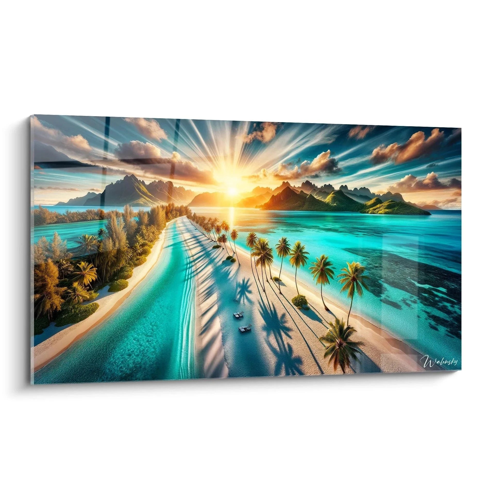 Wandbild Bora Bora tropisches Paradies mit Palmen türkisem Wasser und Sonnenuntergang Edition Ozean