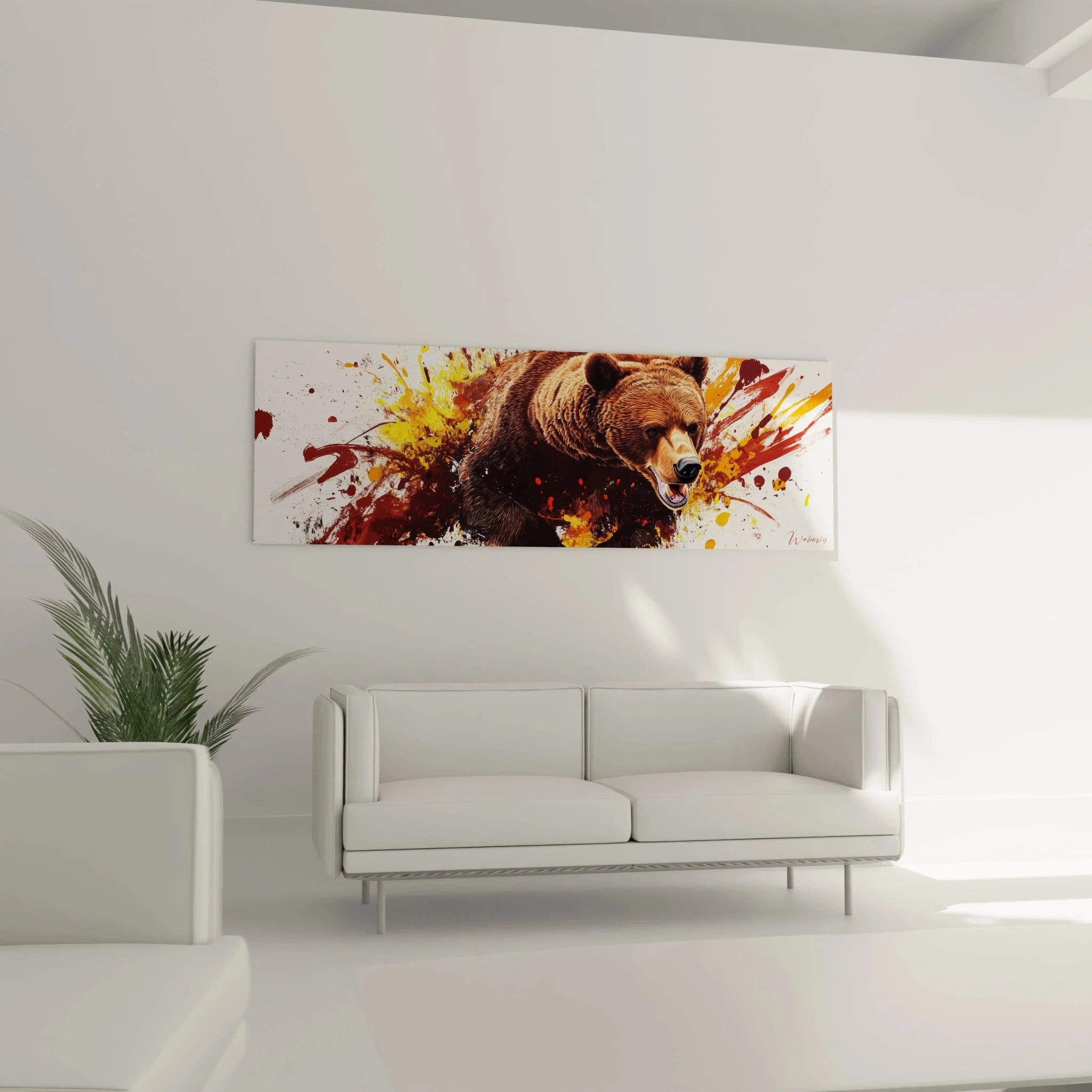 Detailansicht Wandbild Braunbär - Grizzly Gesicht mit leuchtenden Farbspritzern Nahaufnahme