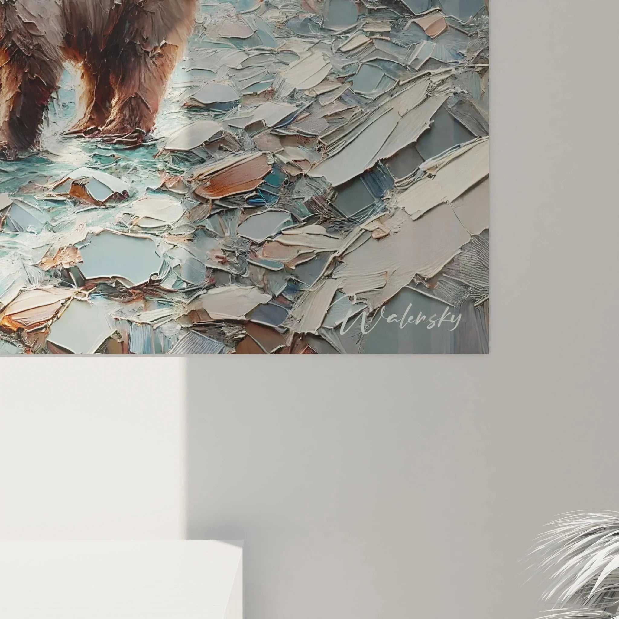 Gesamtansicht Wandbild Braunbär am Wasserfall - komplette Naturszene mit Bär und tosenden Wassermassen