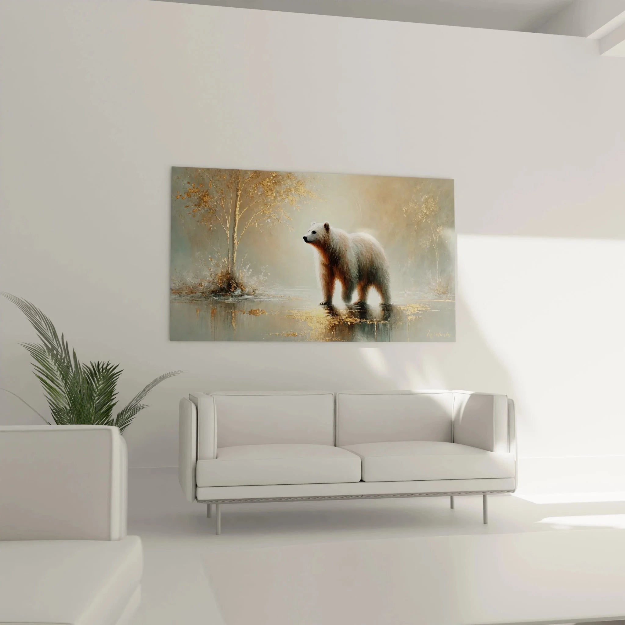 Nahaufnahme Wandbild Braunbär - Details der goldenen Reflexionen im Wasser sichtbar