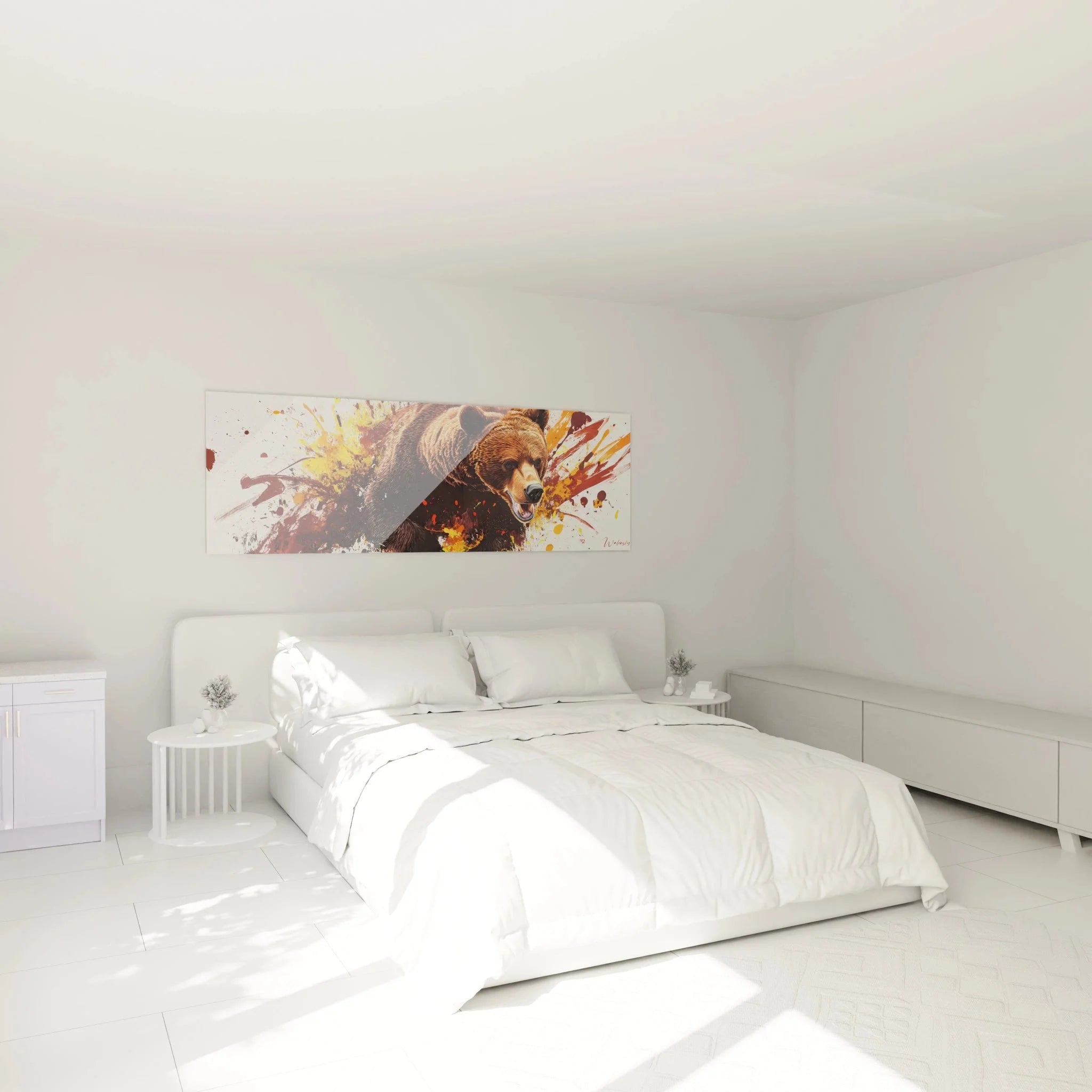 Modernes Wandbild Braunbär Grizzly Farbexplosion in stilvoller Schlafzimmer Wanddekoration