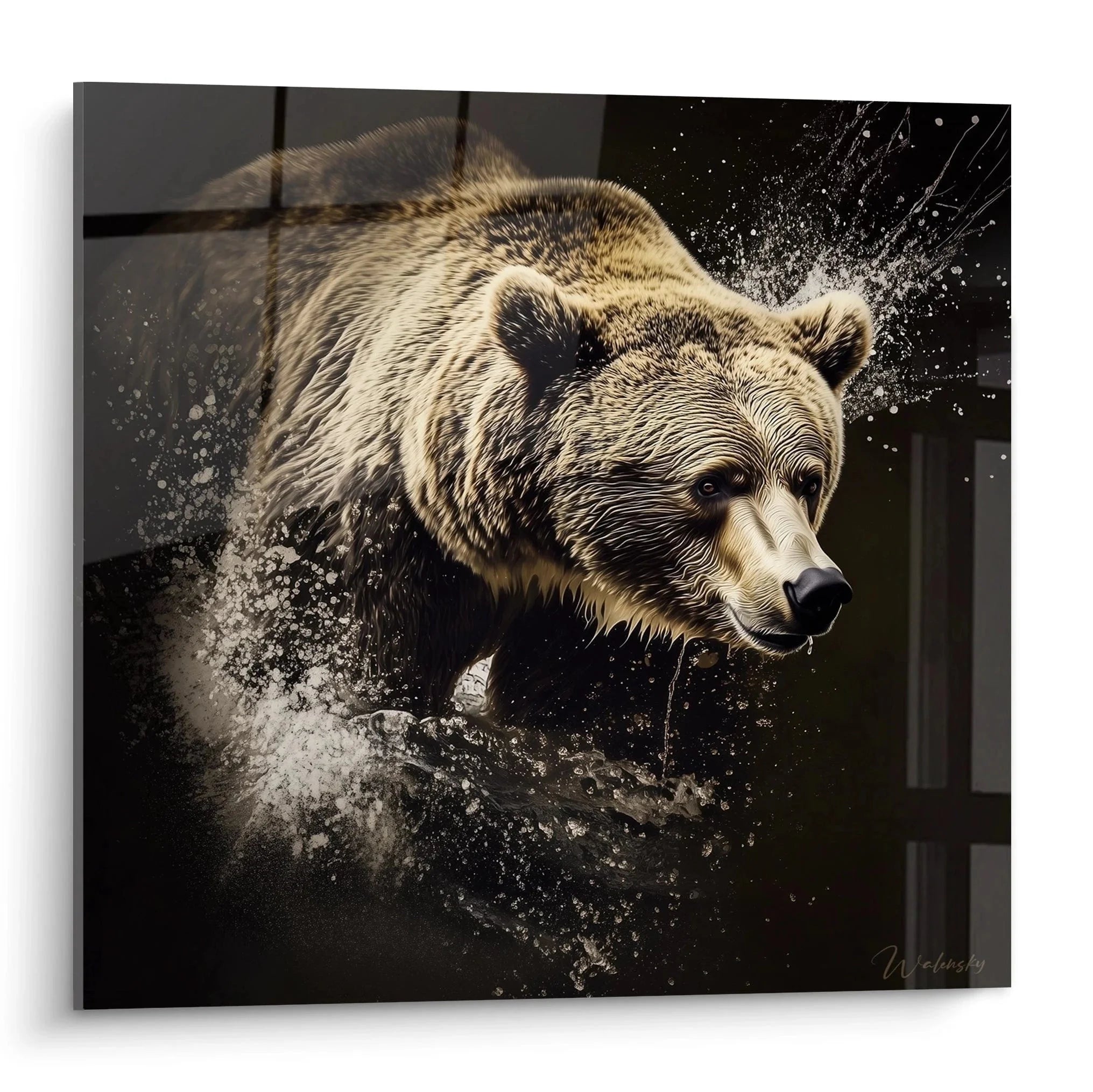 Wandbild Braunbär im spritzenden Wasser, kraftvolle Wildtier Wanddekoration