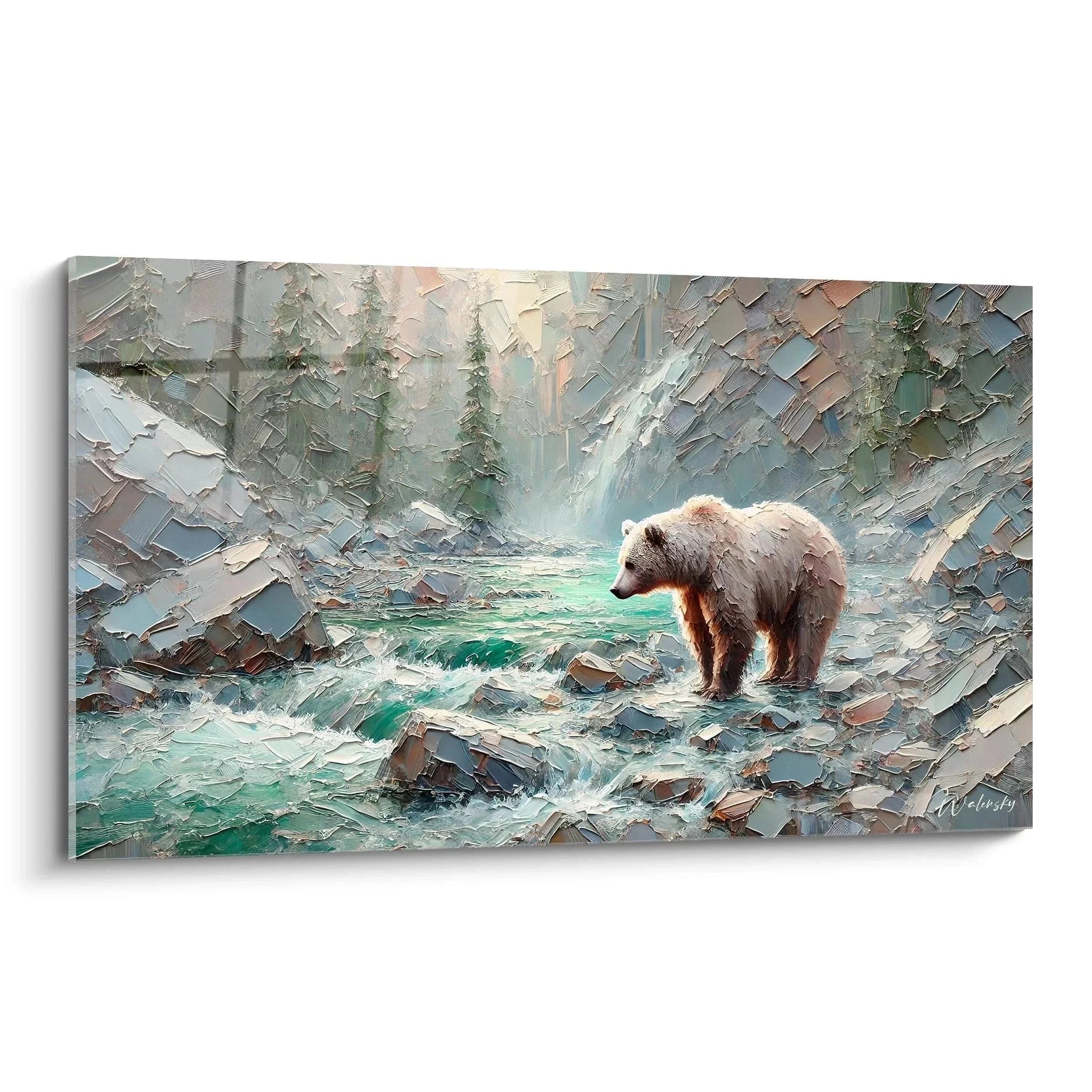 Wandbild Braunbär am Wasserfall in Spachteltechnik - majestätische Wildnis Kunstwerk für Wanddekoration
