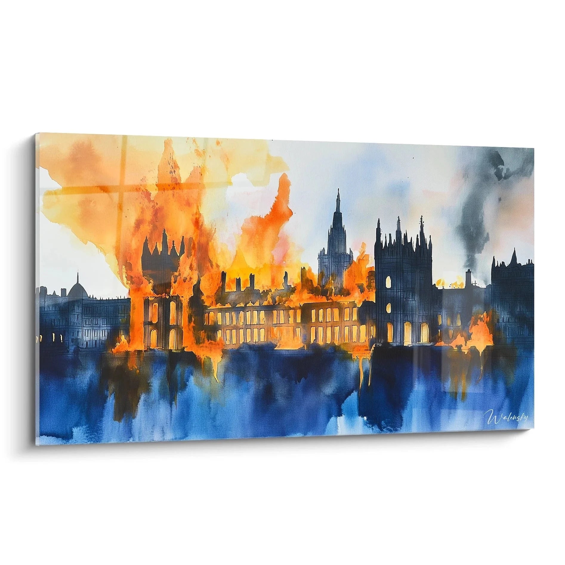 Wandbild brennendes Parlament London Turner Stil mit dramatischen Flammen und blauen Wasserreflexionen