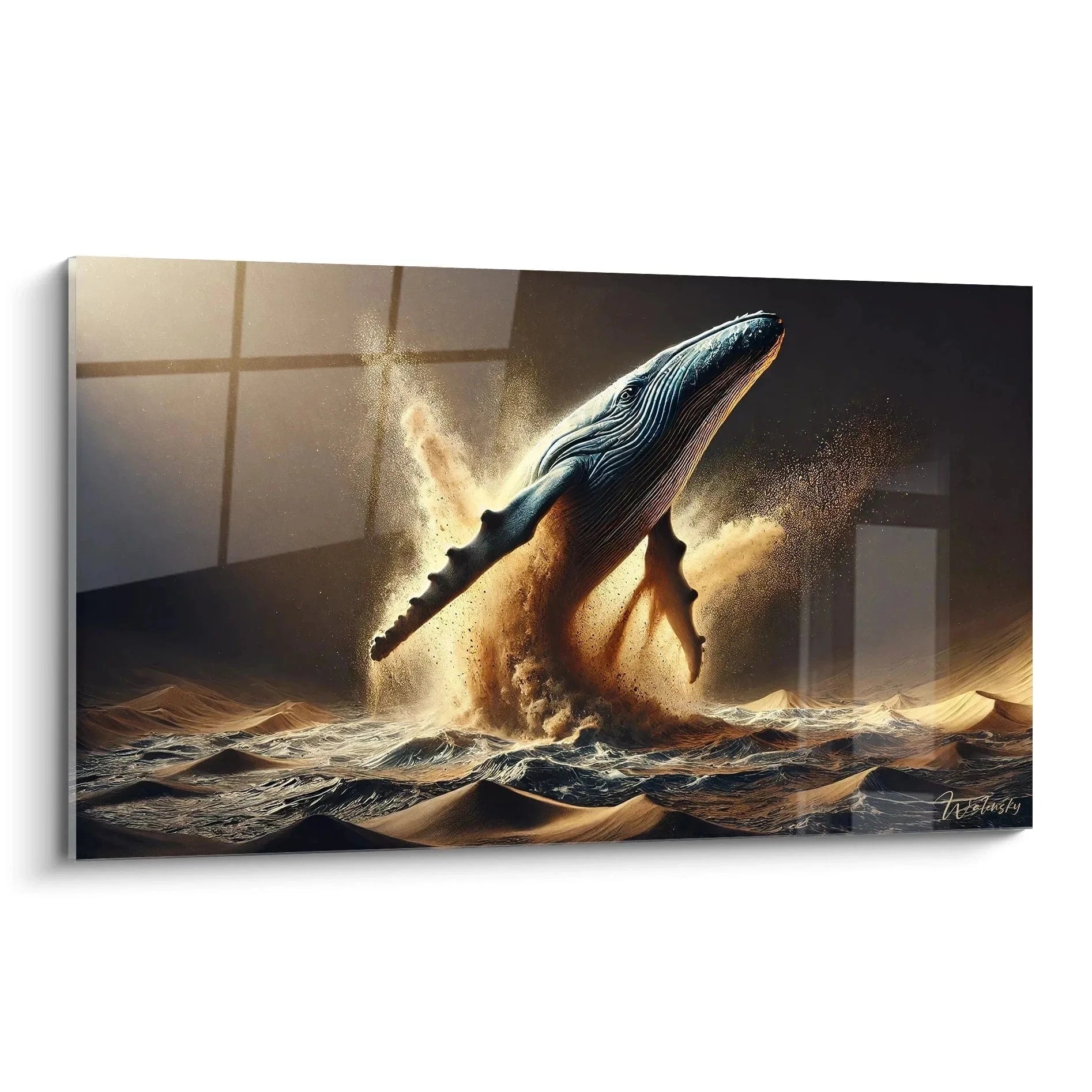 Wandbild Buckelwal Sprung aus Ozean mit Wasserfontänen in goldenem Licht - Edition Wal Leinwanddruck XXL