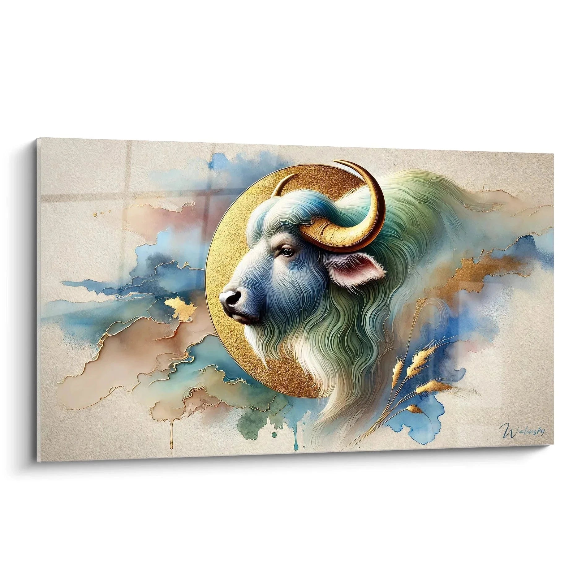 Wandbild Büffel mit goldenem Heiligenschein in Aquarell-Technik, spirituelle Büffel Kunst für Wanddekoration