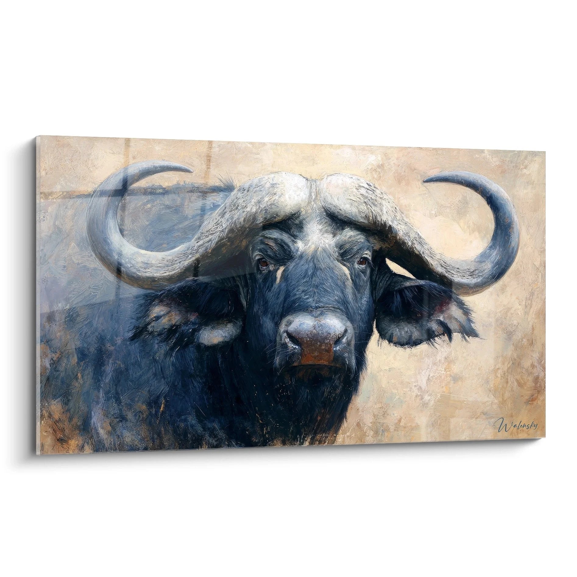 Wandbild Büffel Porträt - Majestätischer Wasserbüffel mit imposanten Hörnern auf warmem Hintergrund