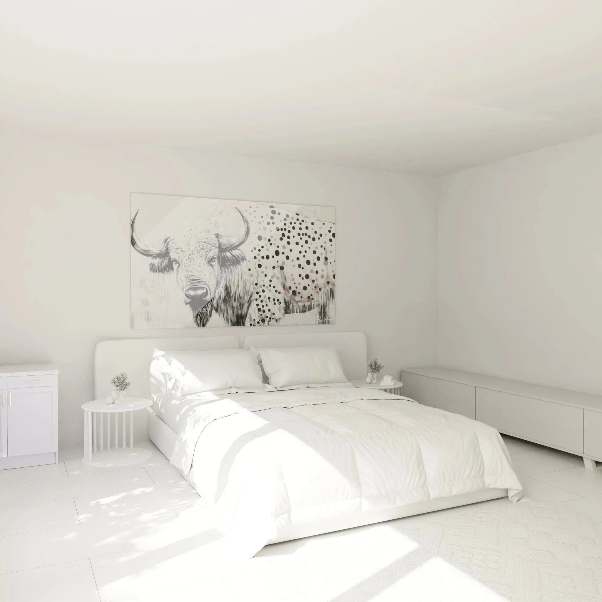 Wandbild Büffel in Schlafzimmer Ambiente - schwarz-weiße Wildtiere Wanddekoration
