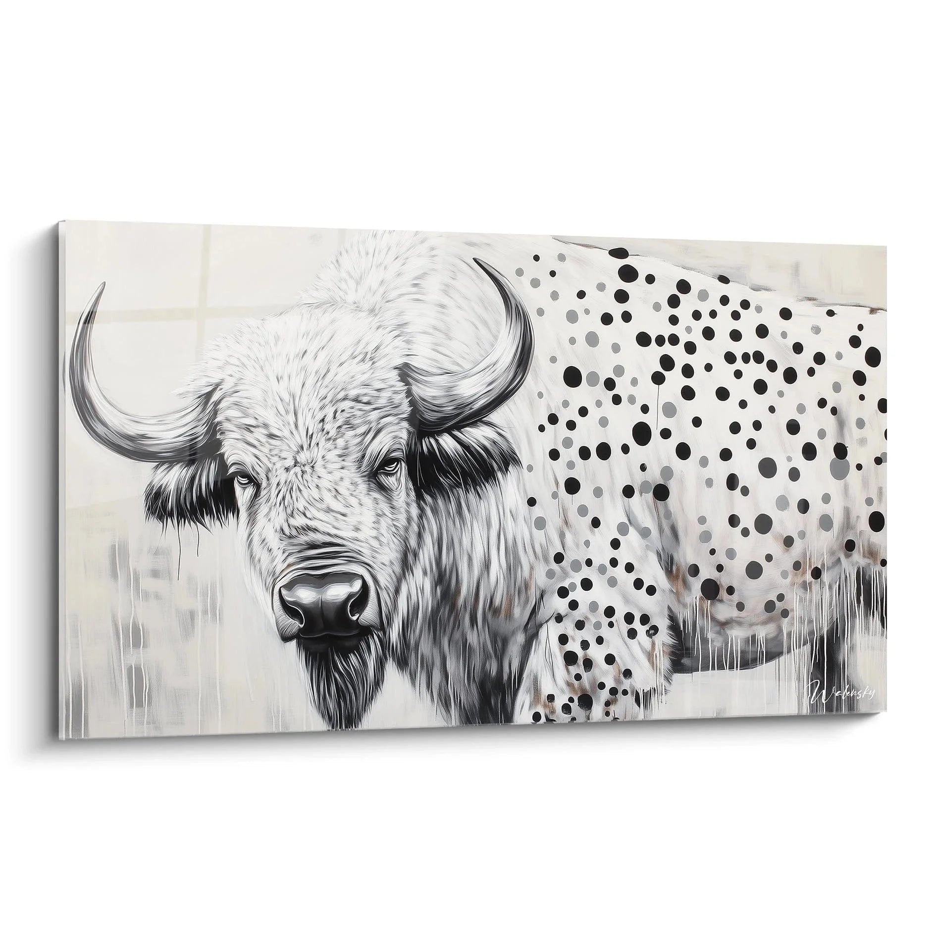 Wandbild Büffel schwarz-weiß mit abstrakten Punkten - moderne Tierwandbilder XXL