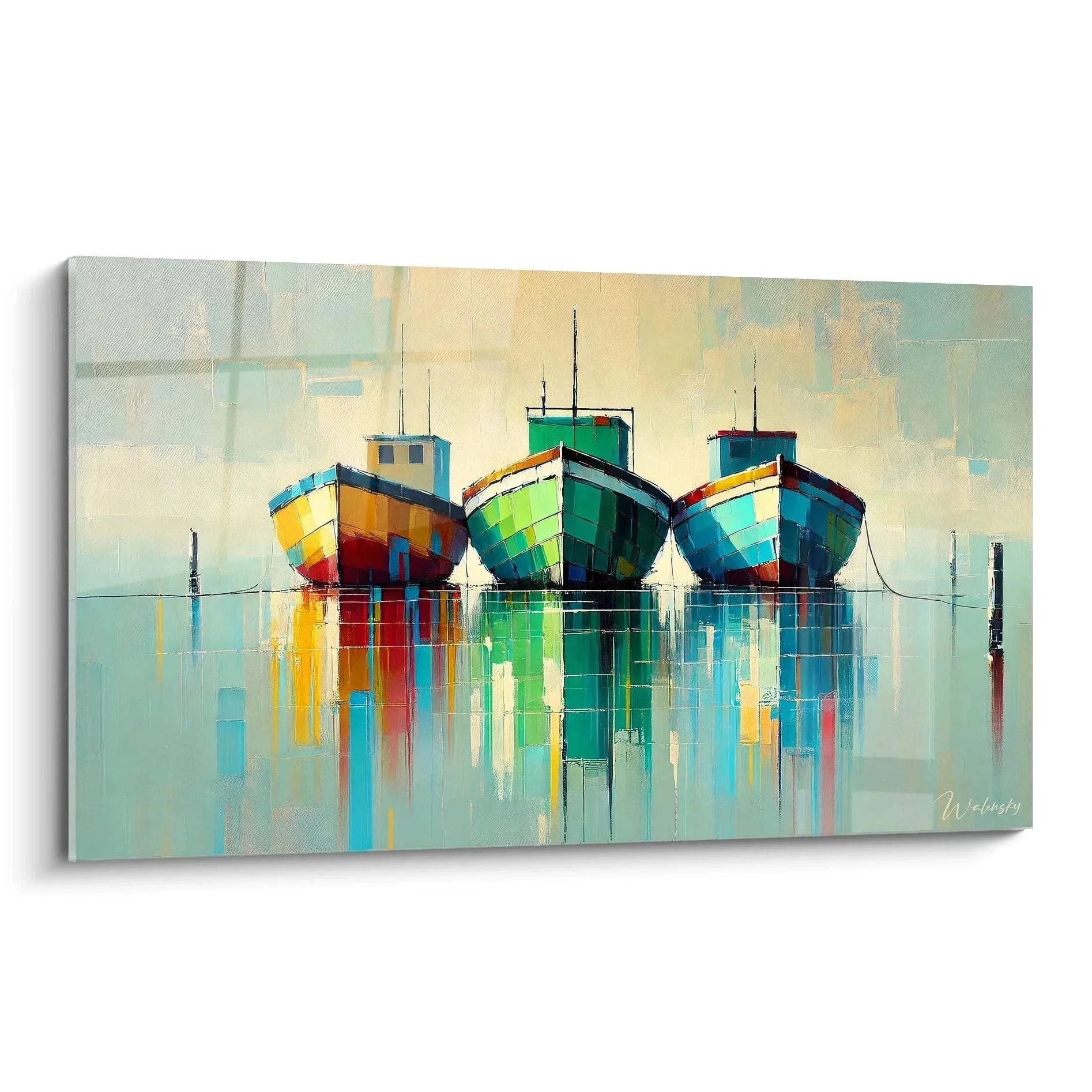 Wandbild bunte Fischerboote im Hafen mit Spiegelung maritime Wanddeko Edition Ozean
