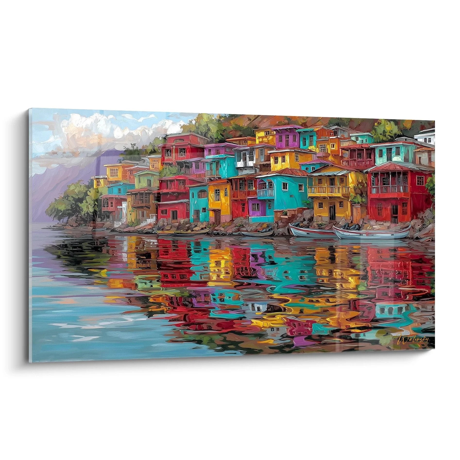 Wandbild bunte Häuser am See mit farbenfrohen mediterranen Gebäuden und Wasserreflexionen