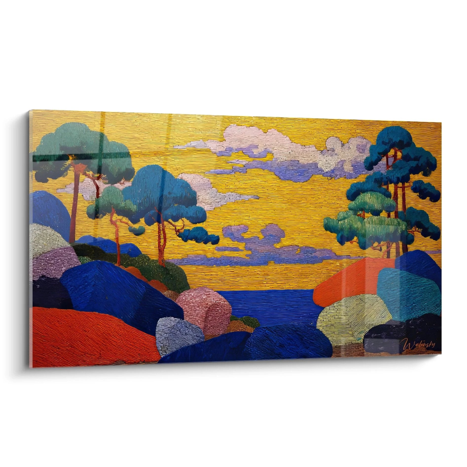 Wandbild bunte abstrakte Landschaft mit Bäumen am See in expressiver Strichtechnik