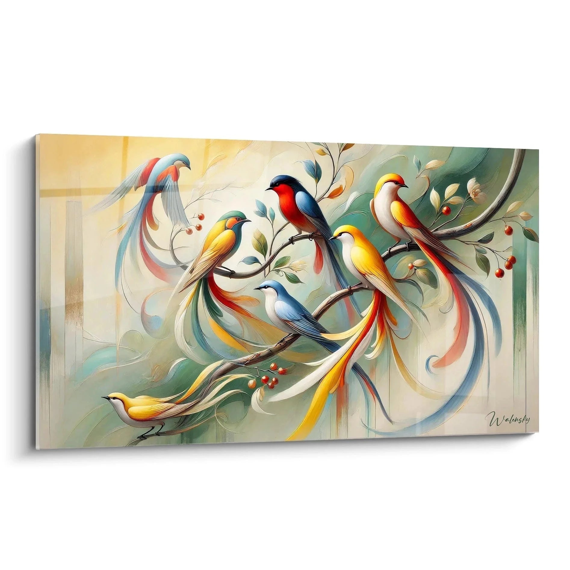 Wandbild bunte Vögel im Jugendstil mit sieben farbenprächtigen Vögeln zwischen ornamentalen Ästen