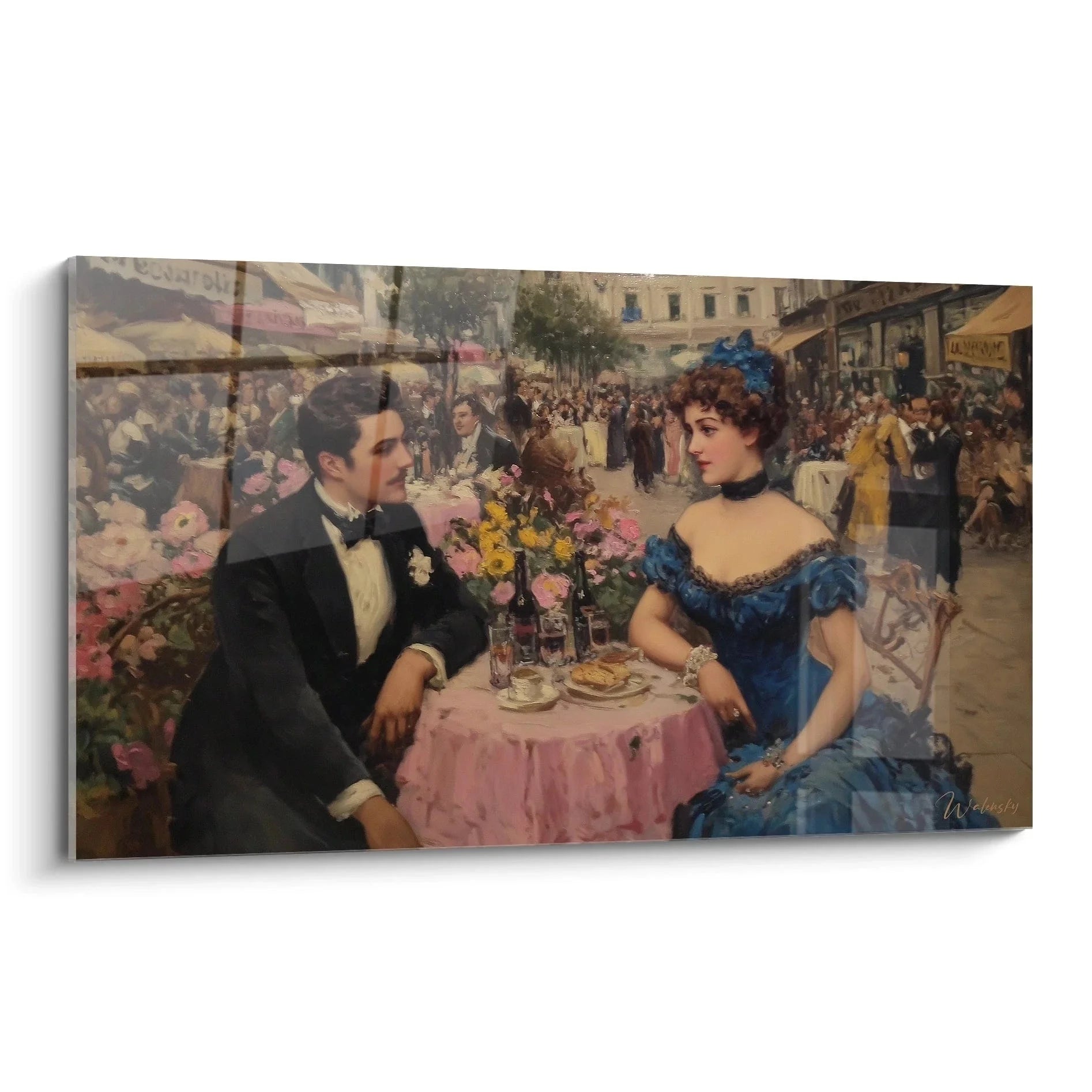 Wandbild Café Romantik Paris - Elegantes Paar in klassizistischer Malerei mit Pariser Straßenszene