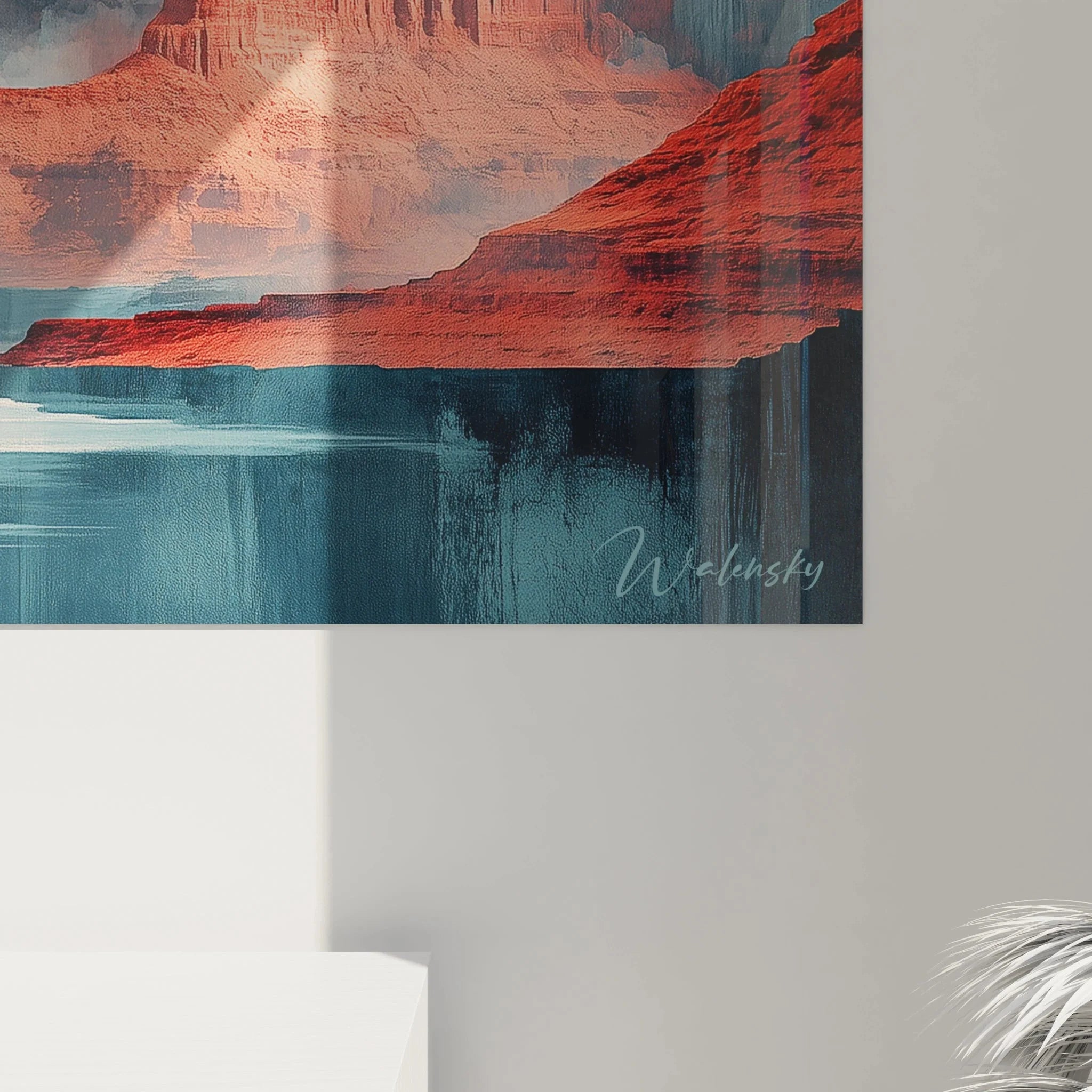 Gesamtansicht Wandbild mystische Canyon Landschaft mit Sonnenaufgang und Wasserelementen