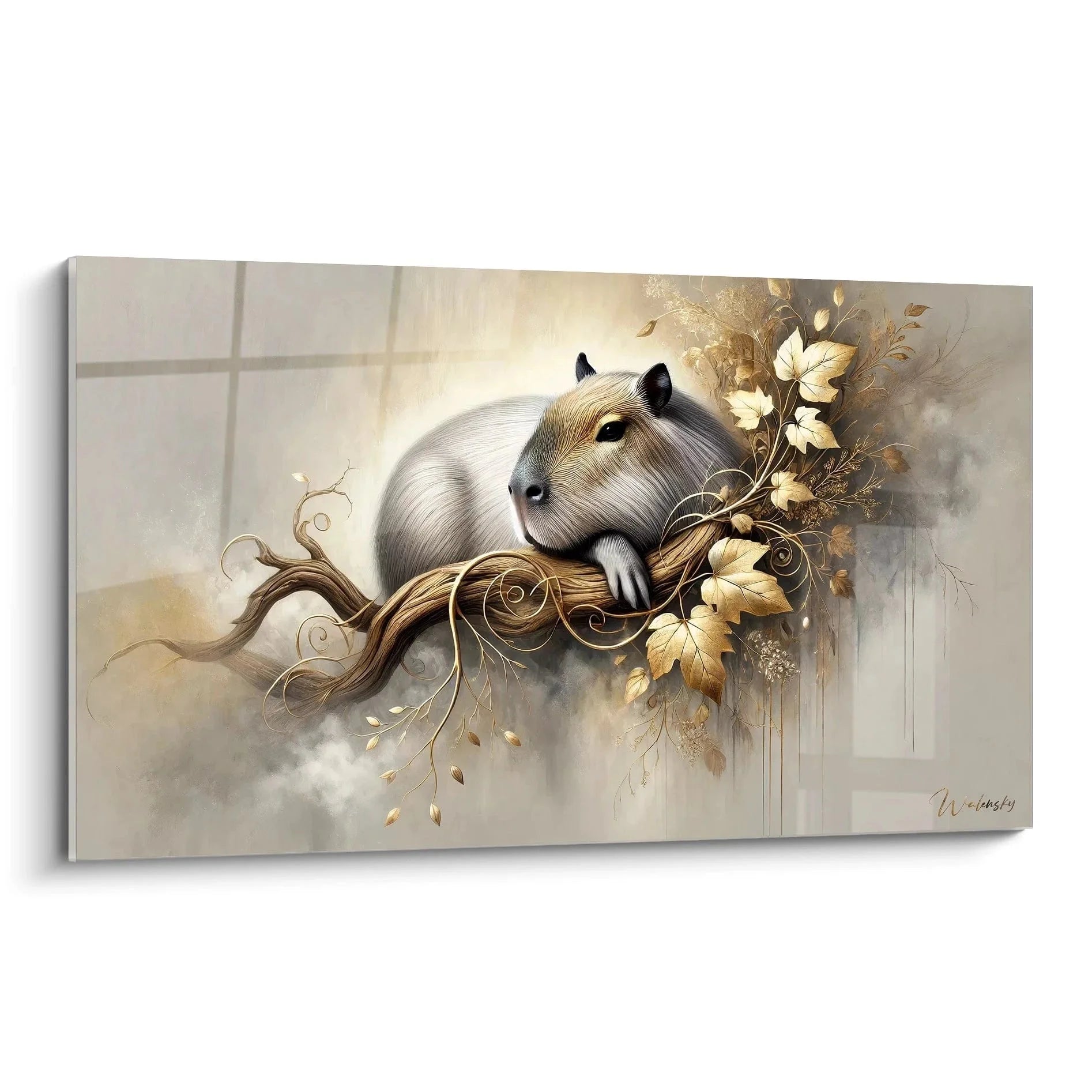 Wandbild Capybara mit goldenen Blüten und ornamentalen Verzierungen in warmen Brauntönen
