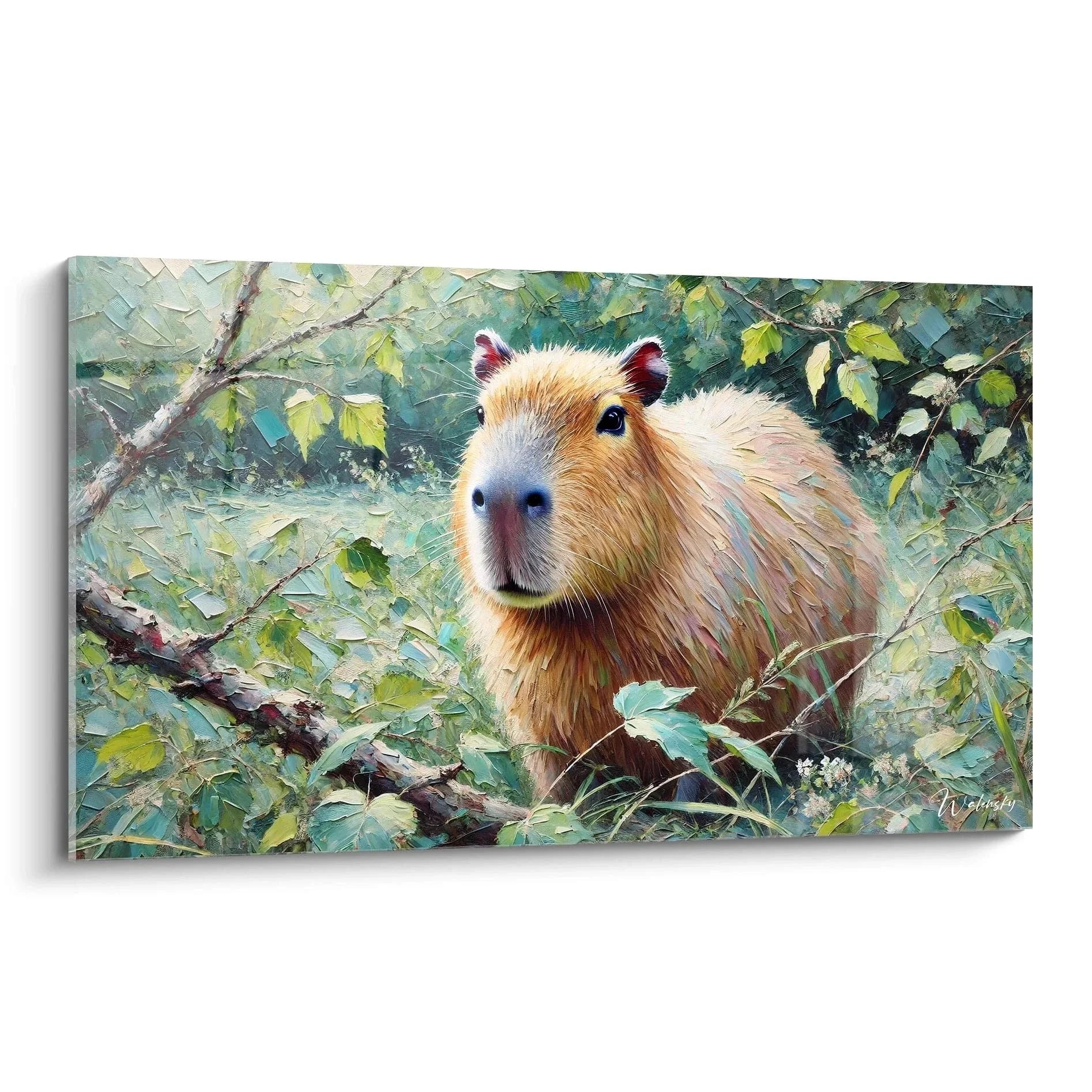 Wandbild Capybara im Wald - Wasserschwein zwischen grünen Blättern und Ästen naturalistisch gemalt