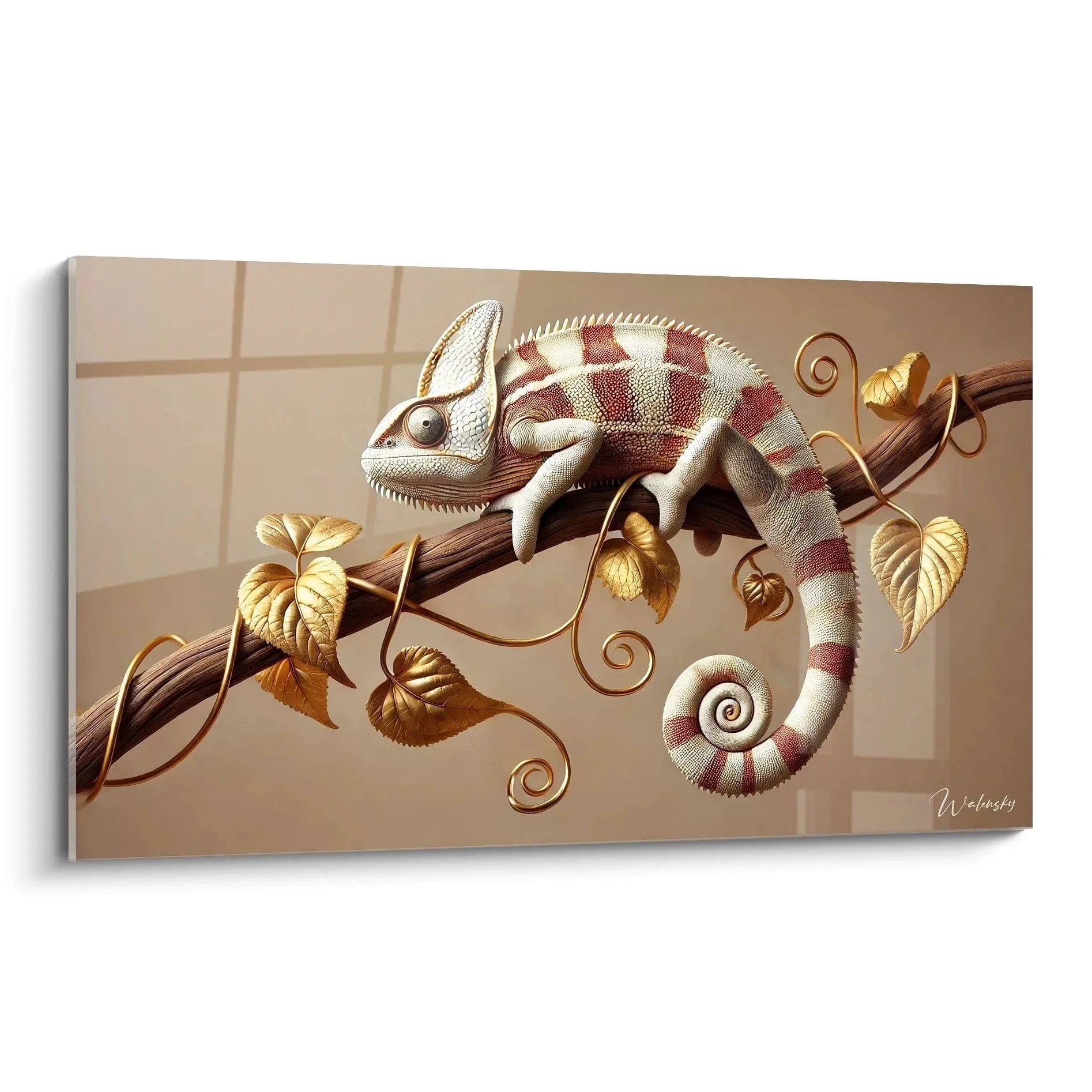 Wandbild Chamäleon mit goldenen Blättern auf braunem Ast - Edition Chamäleon XXL Dekoration