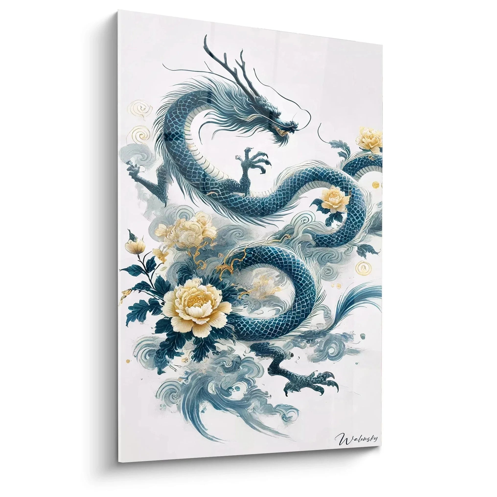 Wandbild chinesischer Drache mit goldenen Pfingstrosen in blau-grüner Farbgebung für asiatische Wanddekoration