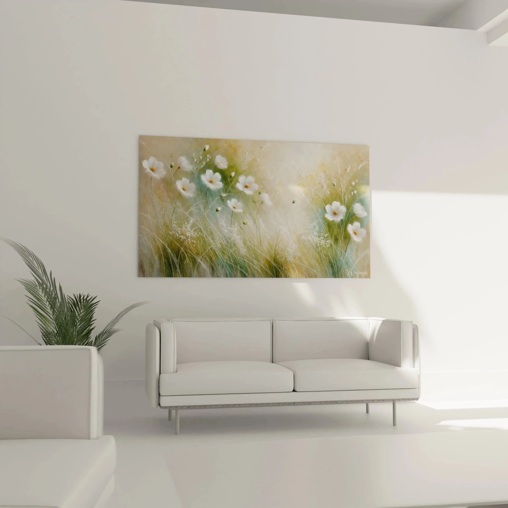 Nahaufnahme Wandbild weiße Cosmea Blüten, Details der Frühlingsblumen Malerei