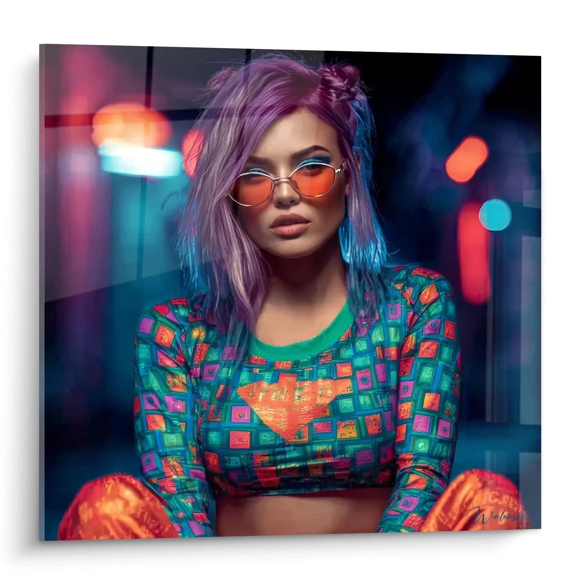 Wandbild Cyberpunk Frau mit Neon Streetwear Jacke und orangener Sonnenbrille vor urbaner Kulisse