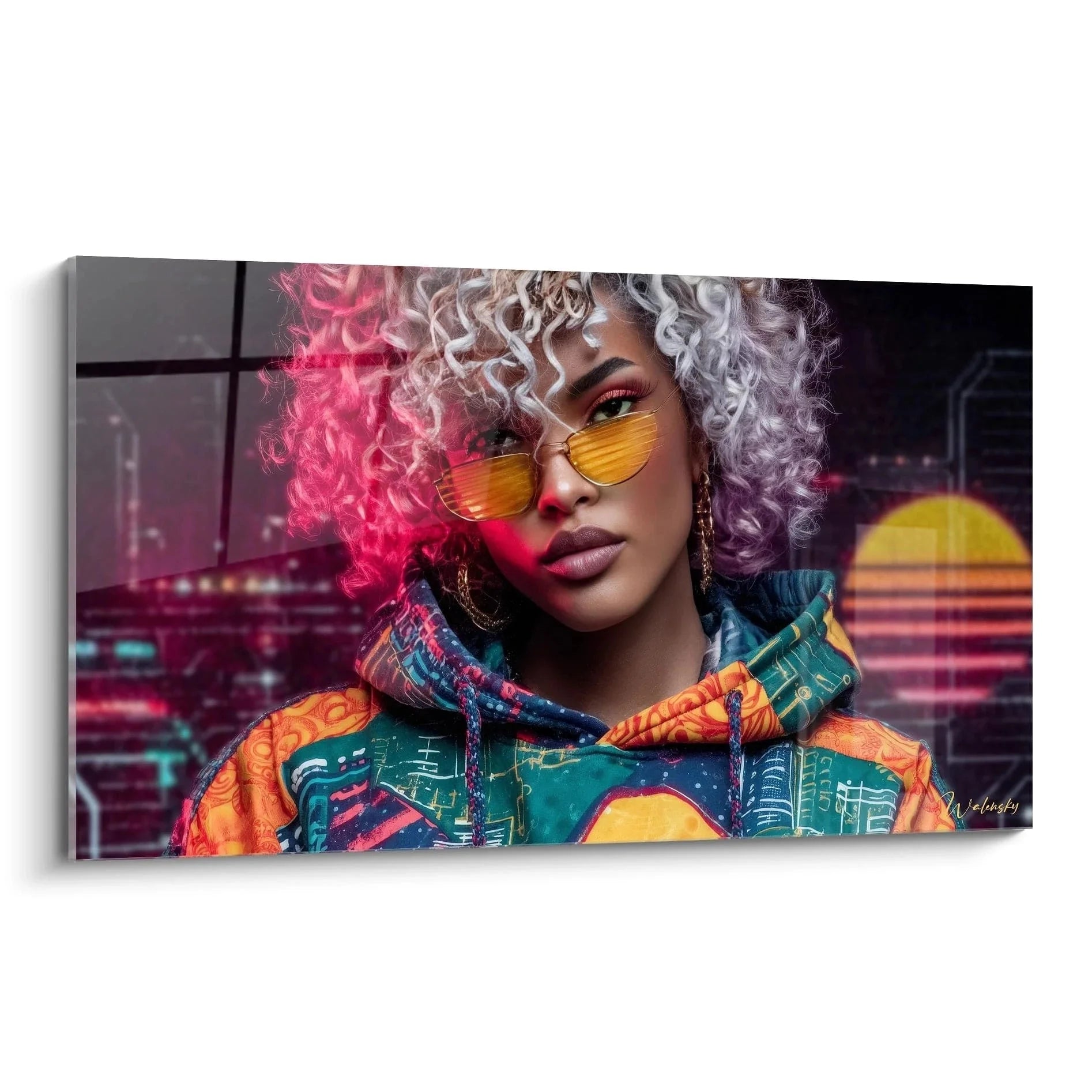 Wandbild Cyberpunk Frau mit Neon-Haaren und Sonnenbrille in Streetwear-Hoodie, futuristische Kunst XXL