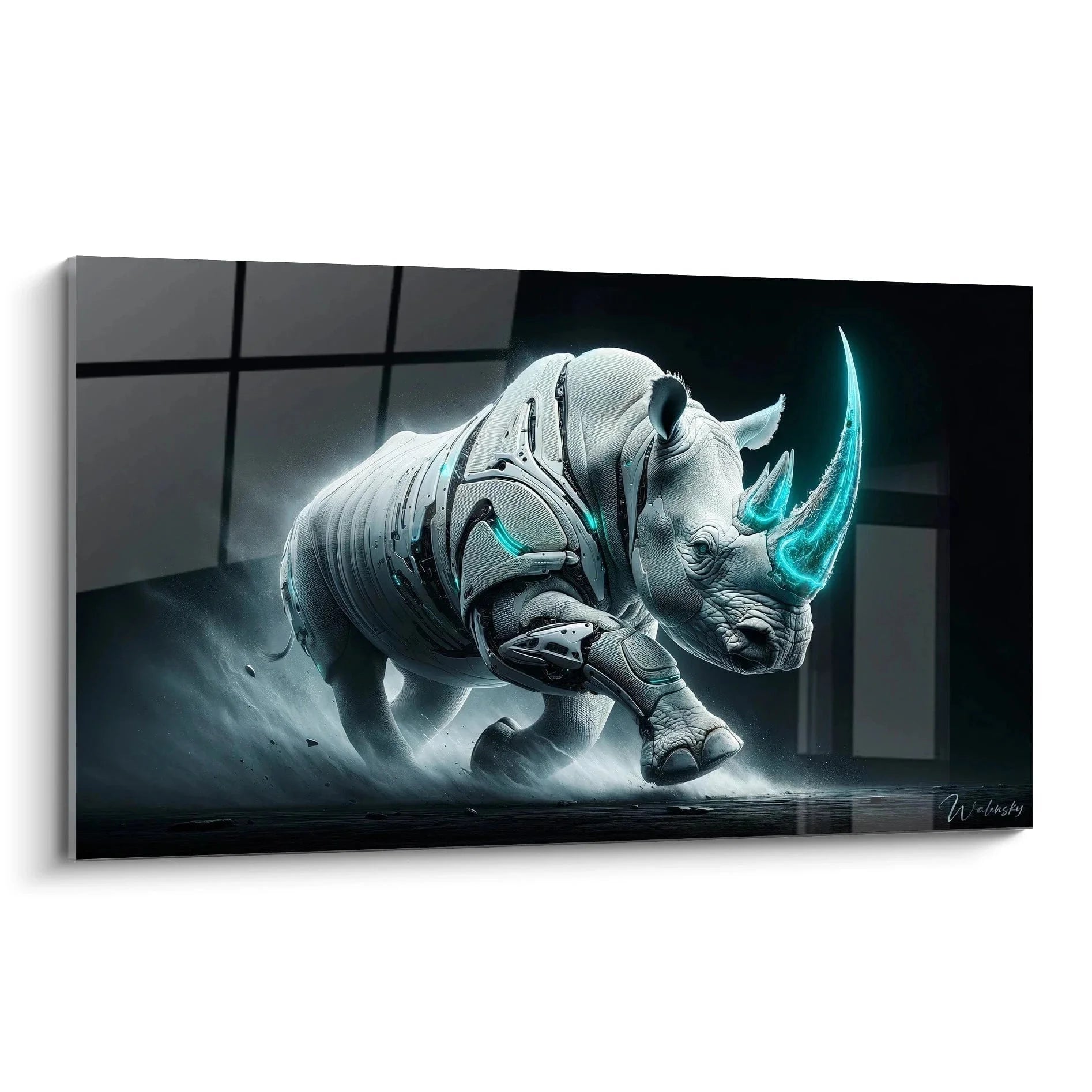 Cyberpunk Nashorn Wandbild mit futuristischer Rüstung und türkis leuchtenden Hörnern in industrieller Umgebung
