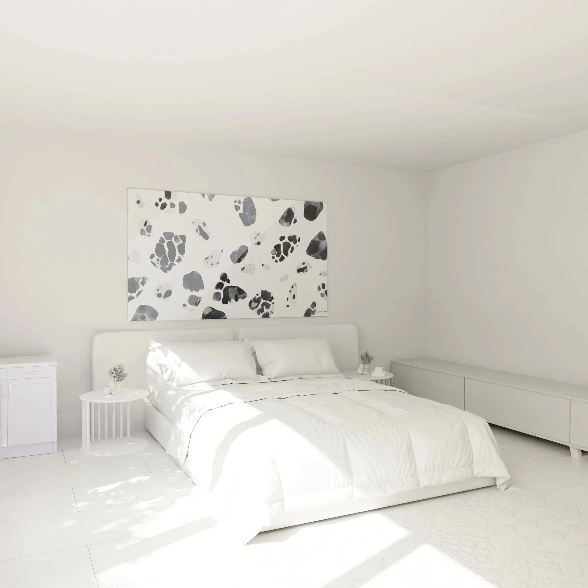 Wandbild Dalmatiner Optik im Schlafzimmer schwarz-weiße abstrakte Flecken Wanddekoration