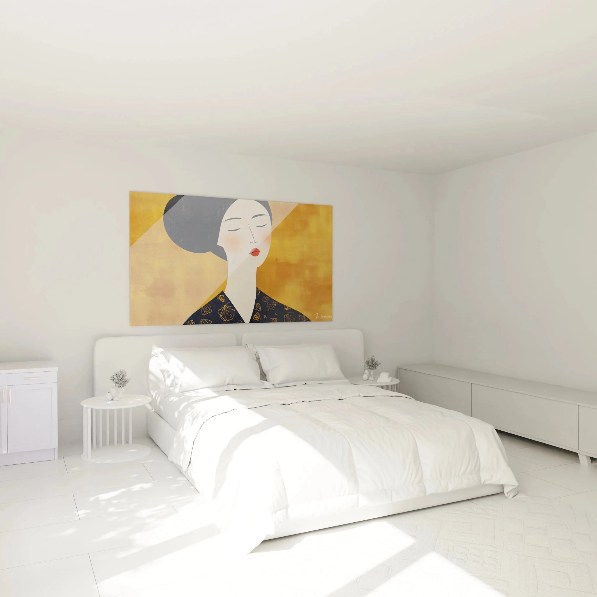 Wandbild Dame Portrait Schlafzimmer Ambiente warme Goldtöne moderne Wanddekoration Modigliani