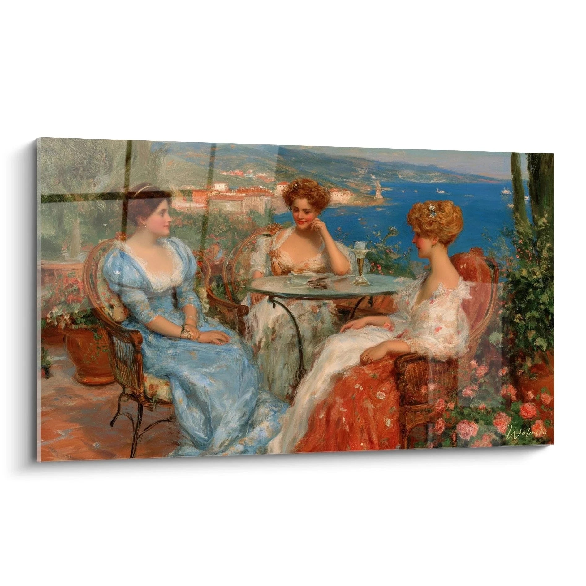 Wandbild Damen Terrasse Klassizismus - drei elegante Frauen auf blumengeschmückter Terrasse mit Meerblick