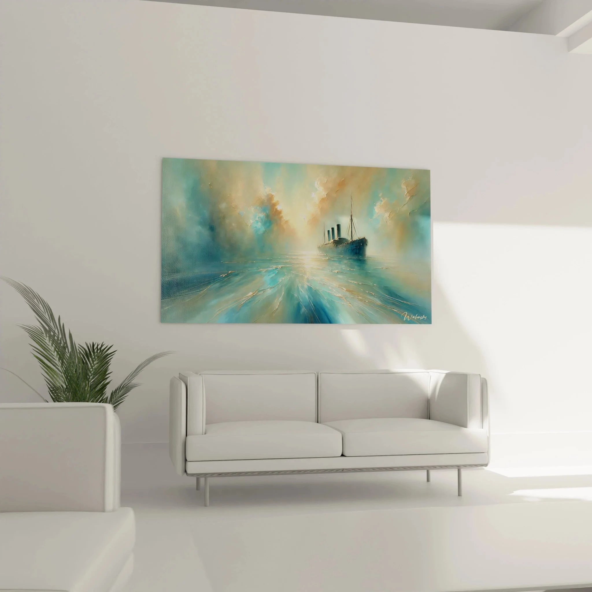 Detailansicht Wandbild Dampfschiff - kunstvolle Darstellung mit Lichtreflexen und Wasserwellen