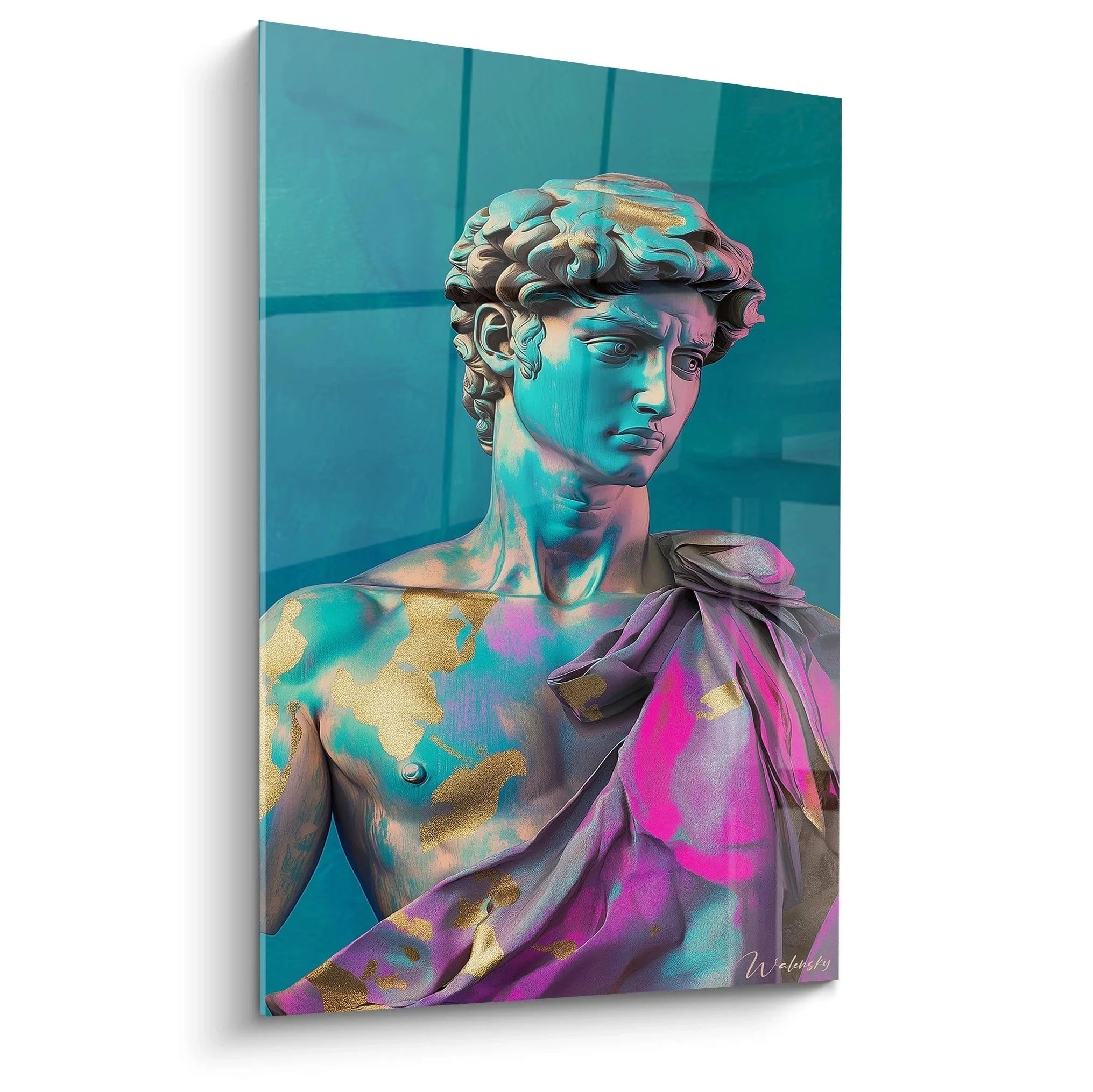 Wandbild David Hologramm in türkis violetten Farben, futuristische Michelangelo Interpretation als moderner Kunstdruck
