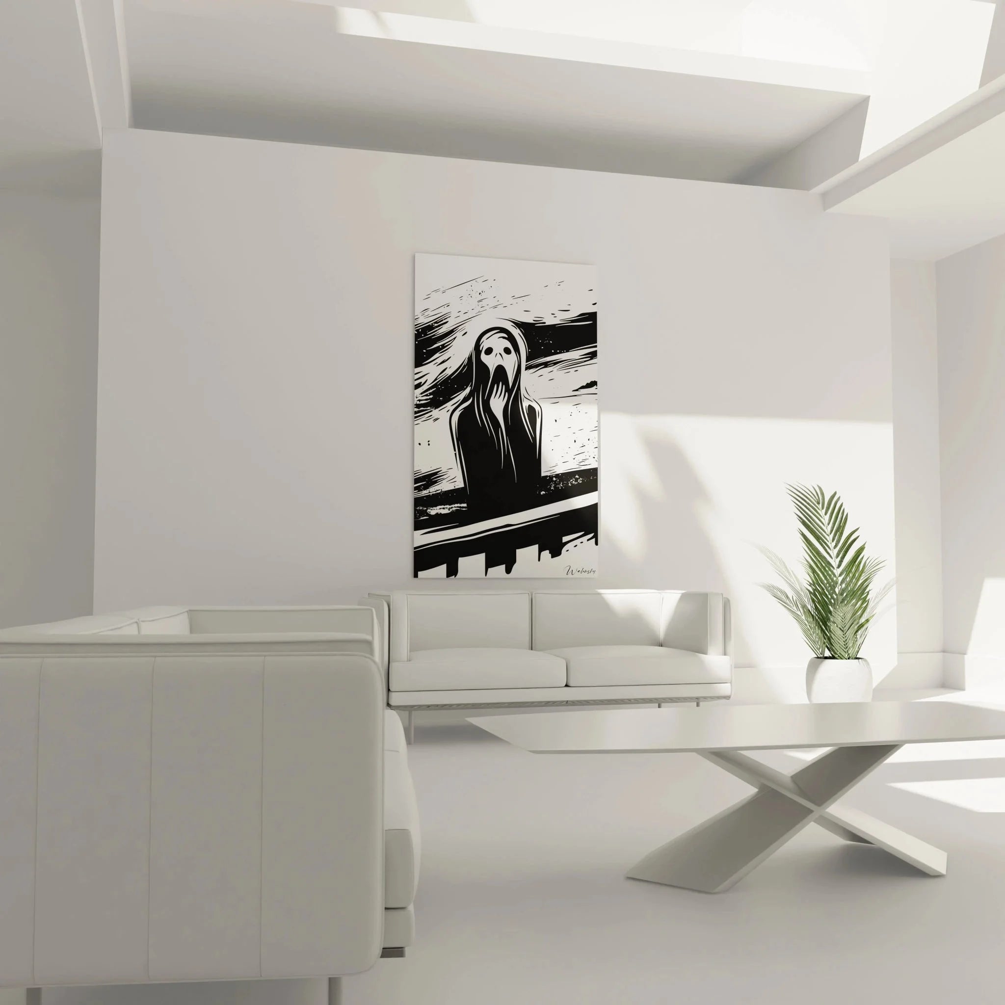 Detailansicht Wandbild Der Schrei, expressionistische Gesichtszüge und dynamische Linienführung in Schwarz-Weiß