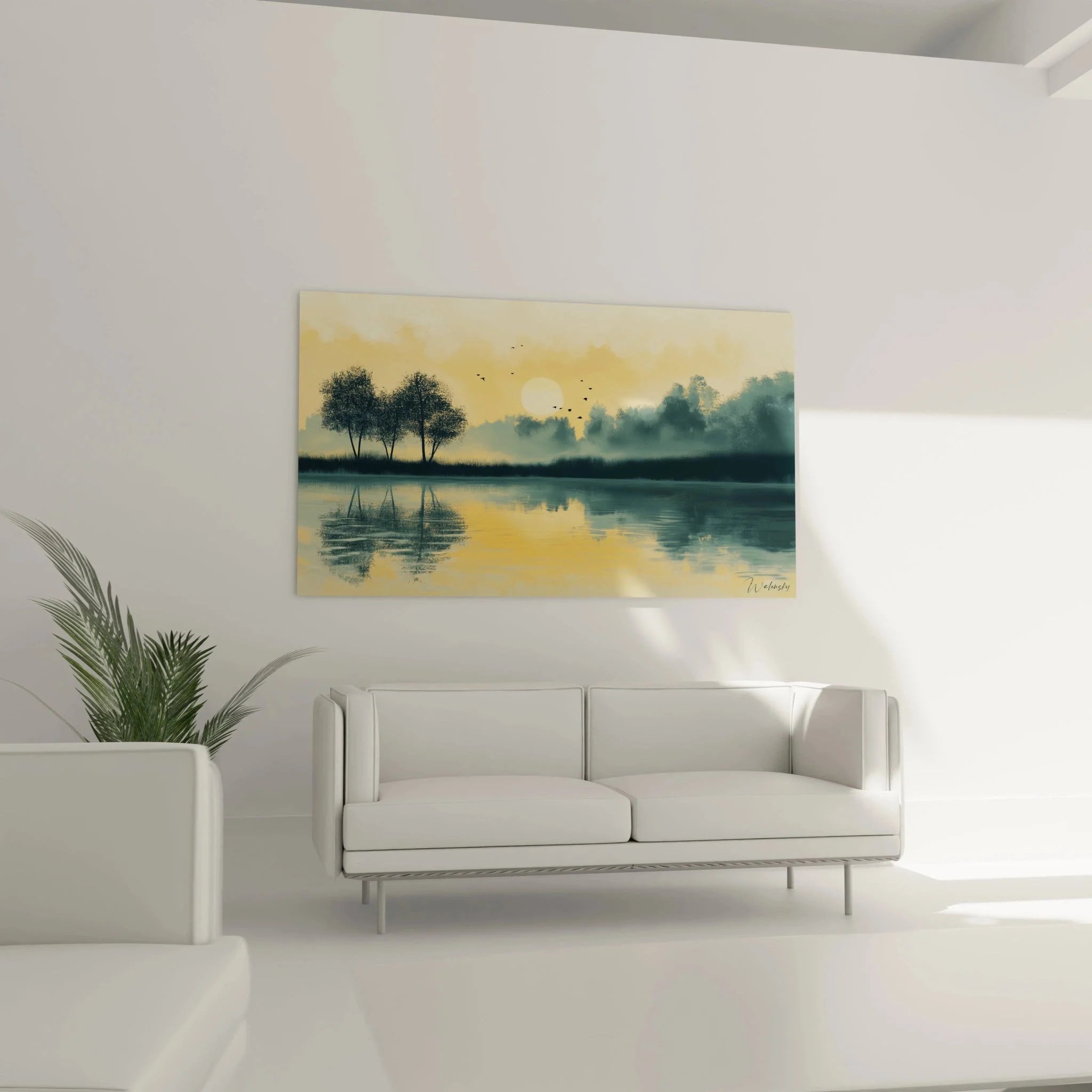 Detailansicht Wandbild romantische Seenlandschaft mit Baumsilhouetten und goldener Lichtstimmung