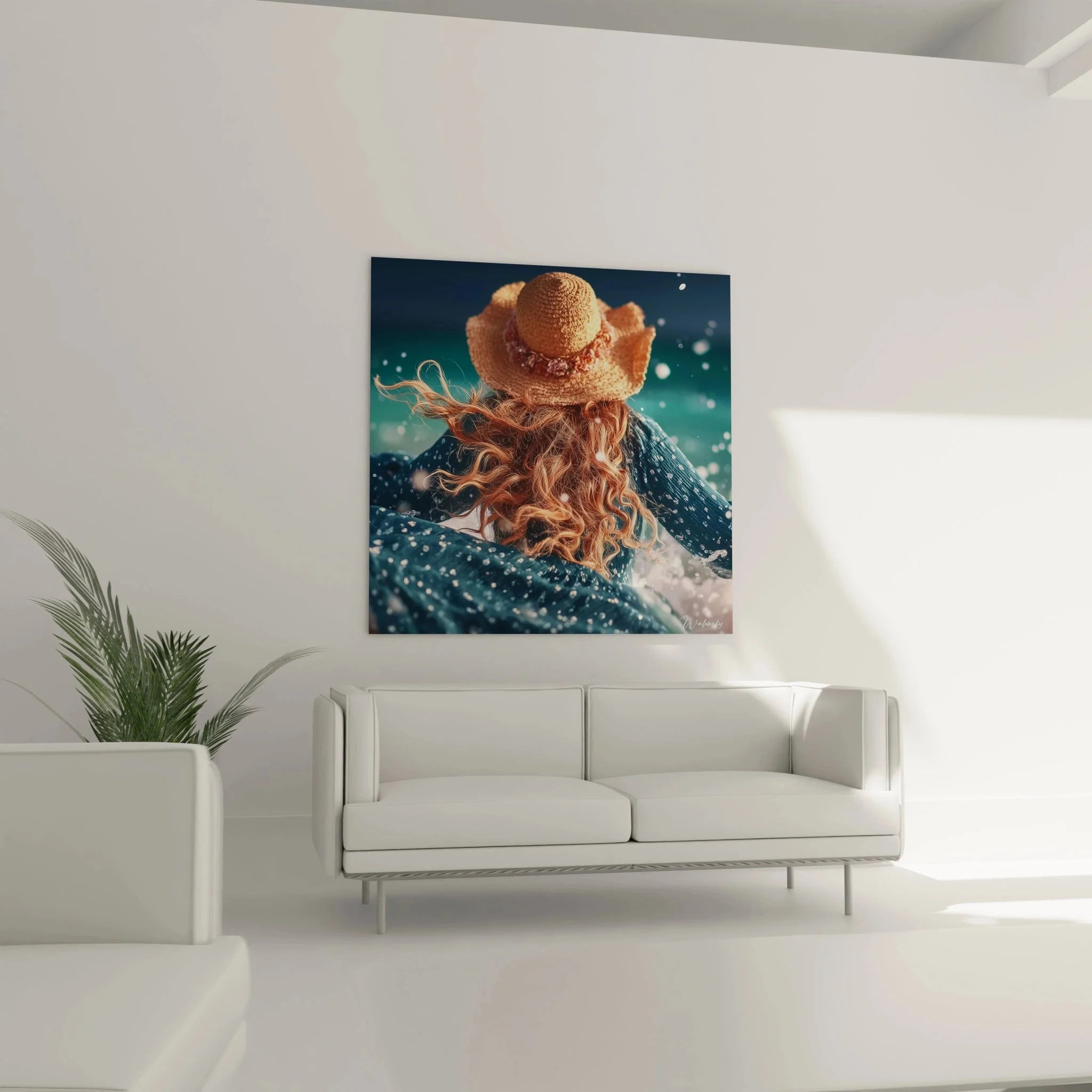 Detailaufnahme Wandbild: kupferrotes Haar und geflochtener Strohhut mit Wasserperlen