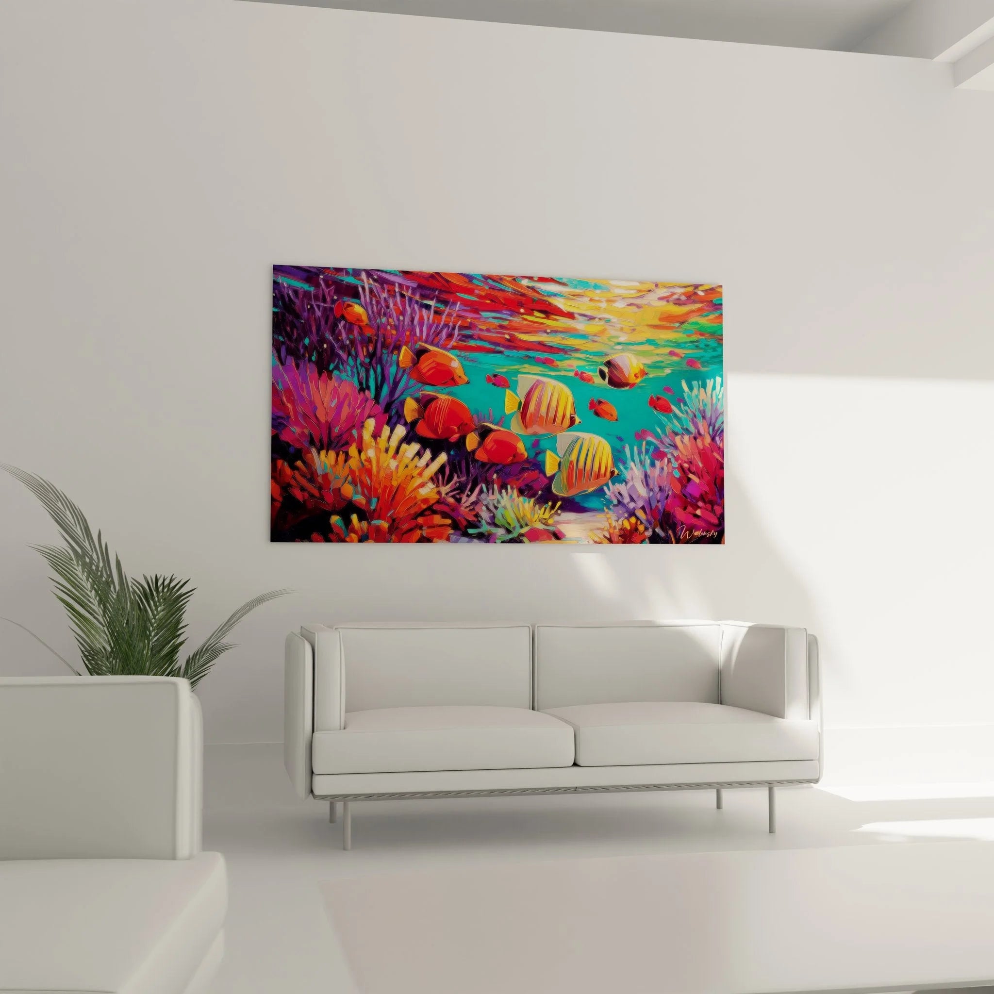 Detailansicht Wandbild tropische Fische zwischen farbenprächtigen Korallen im Meeresaquarium Stil