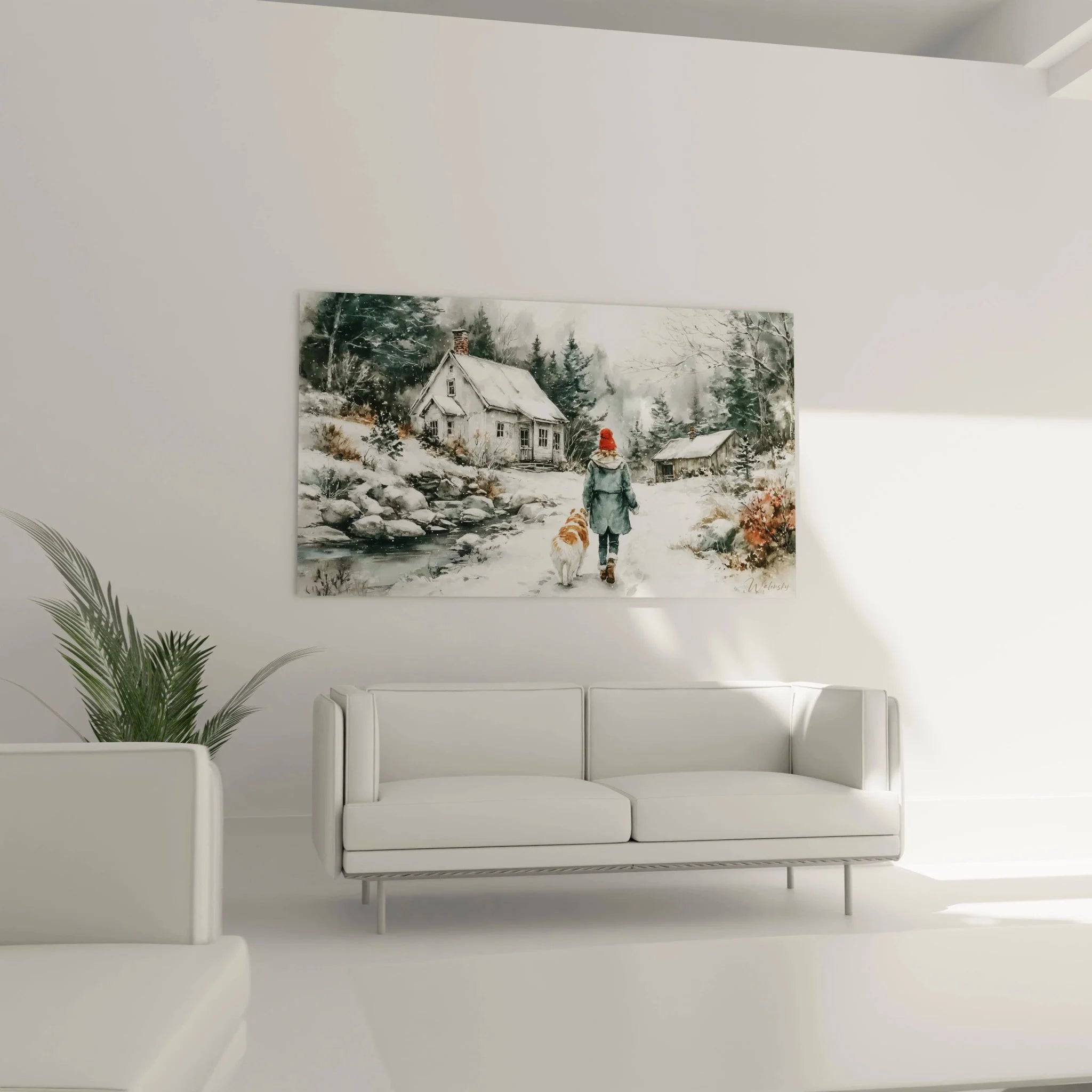 Detailansicht Wandbild Wintermotiv mit Person in roter Mütze und Hund im Schnee