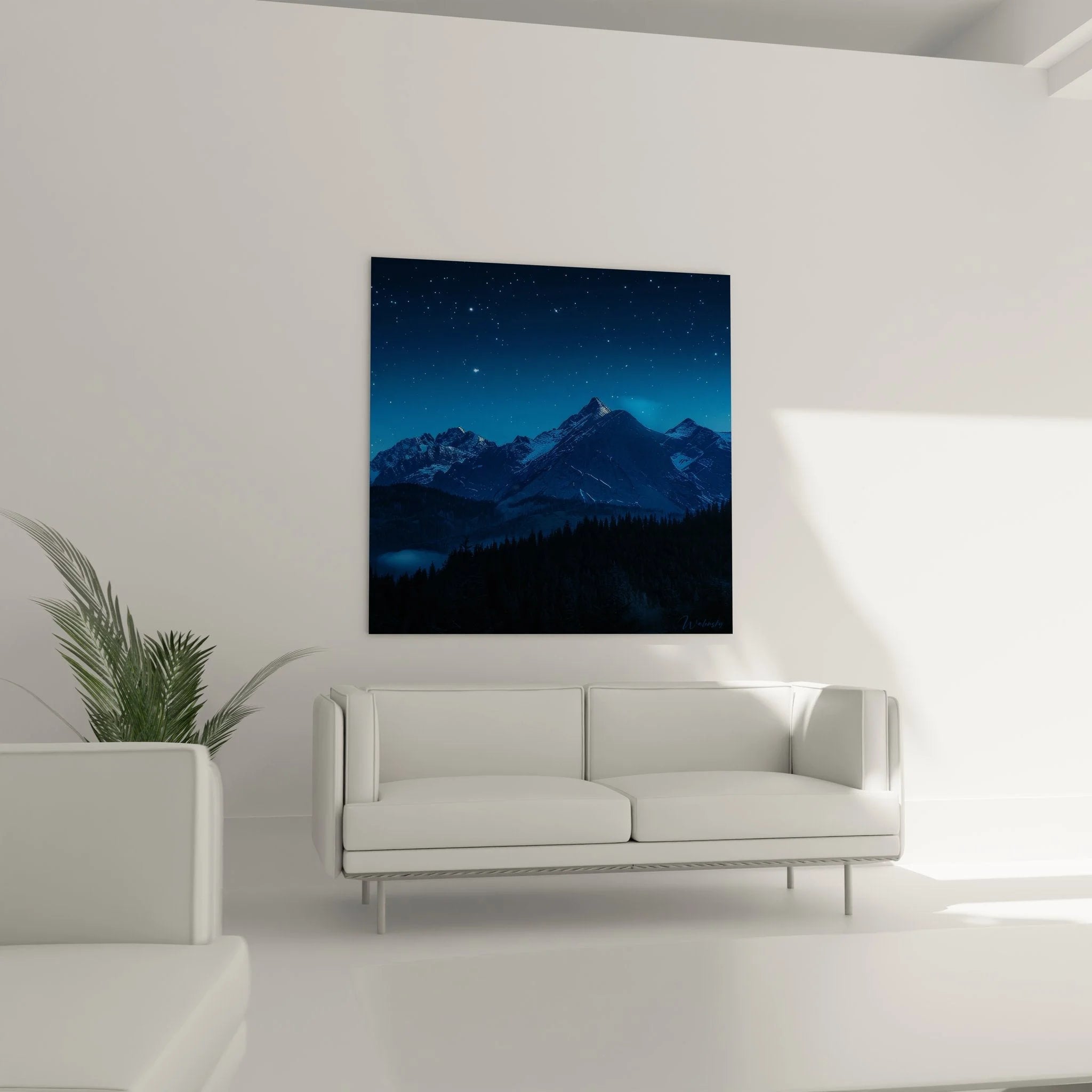 Detailansicht Wandbild Sterne über Bergen, hochwertige Druckqualität der nächtlichen Landschaft