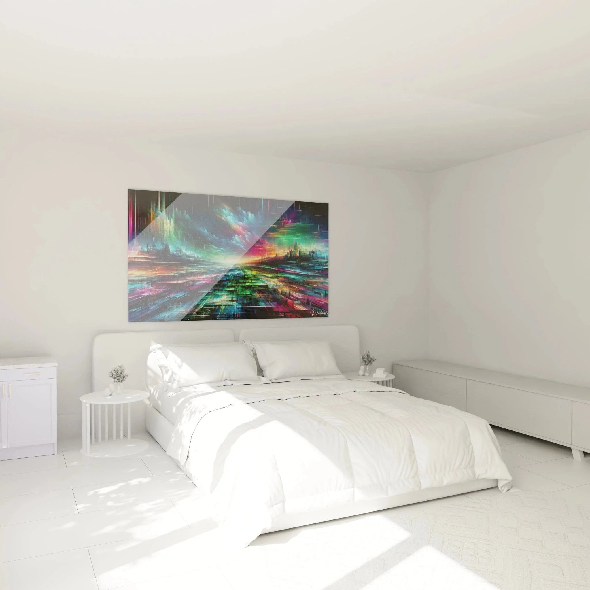 Futuristisches Wandbild digitale Kunst in modernem Schlafzimmer mit leuchtenden Farben