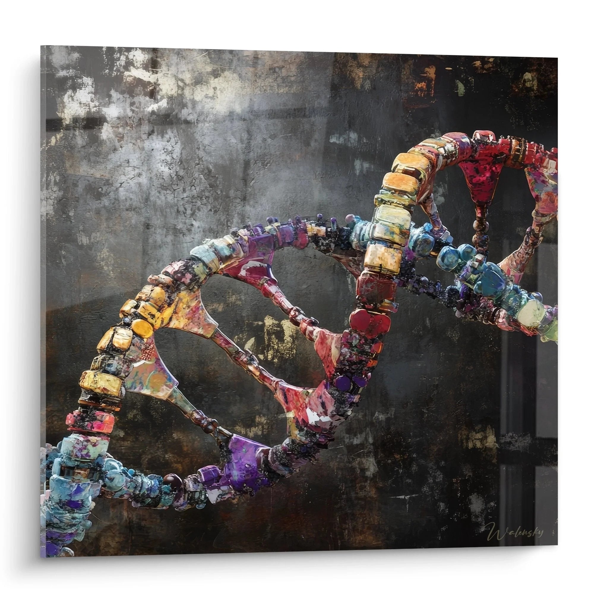 Buntes DNA-Doppelhelix Wandbild mit Mosaik-Struktur auf dunklem Hintergrund, moderne Genetik Kunst