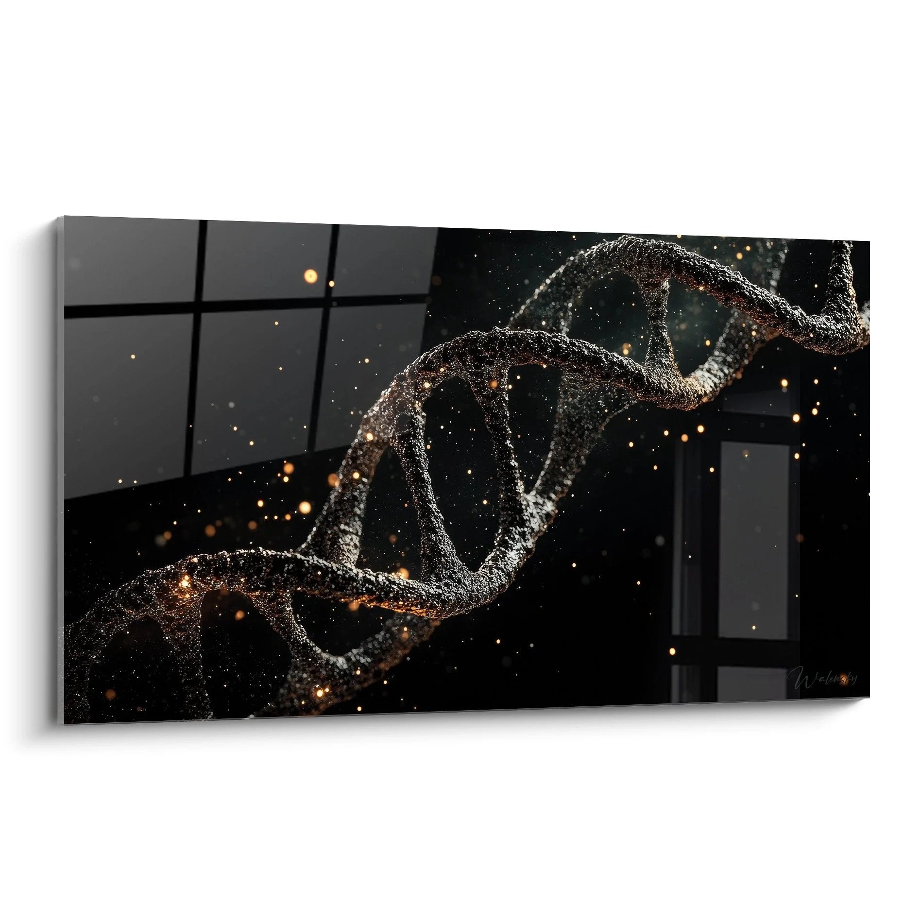 Wandbild DNA Doppelhelix mit goldenen Lichteffekten und wissenschaftlicher Darstellung der Genetik